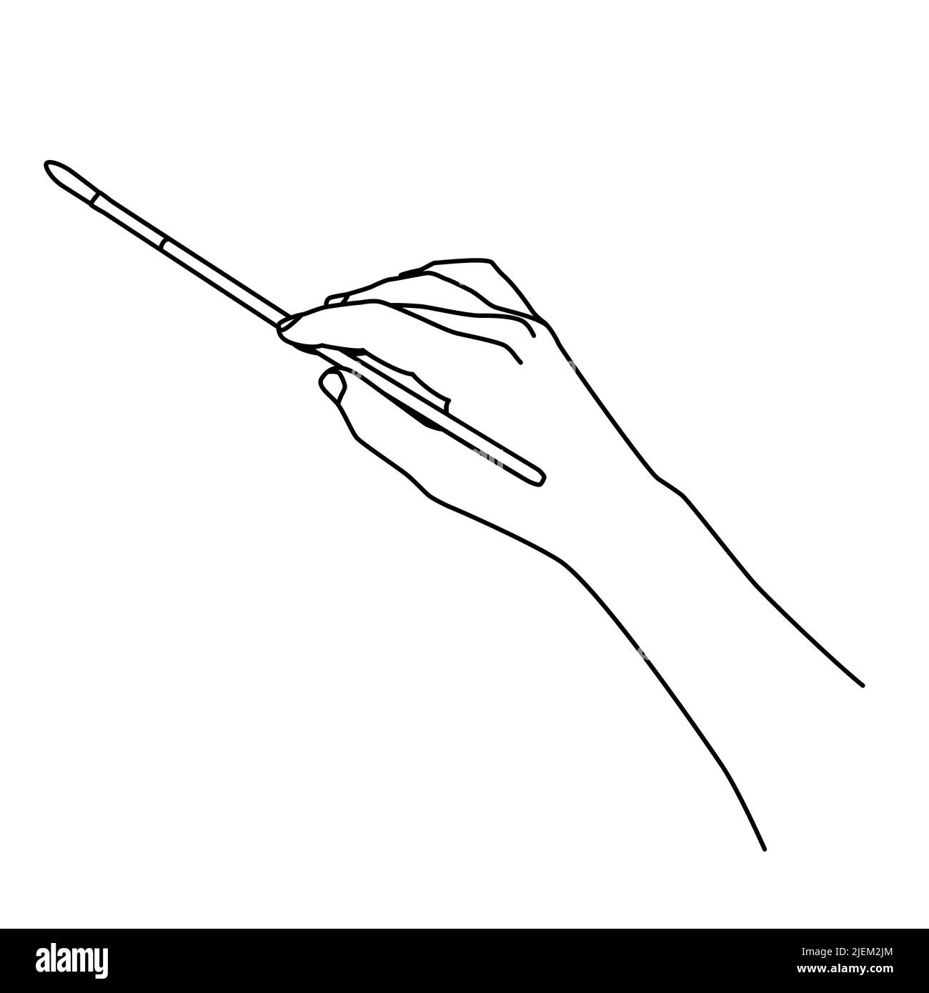 Hand mit einem Pinsel Hand mit dünnen Linie gezeichnet. Unterricht Malerei, professionelle Künstler, Kunstschule Schüler Konzept. Vektordarstellung isoliert auf wh Stock Vektor