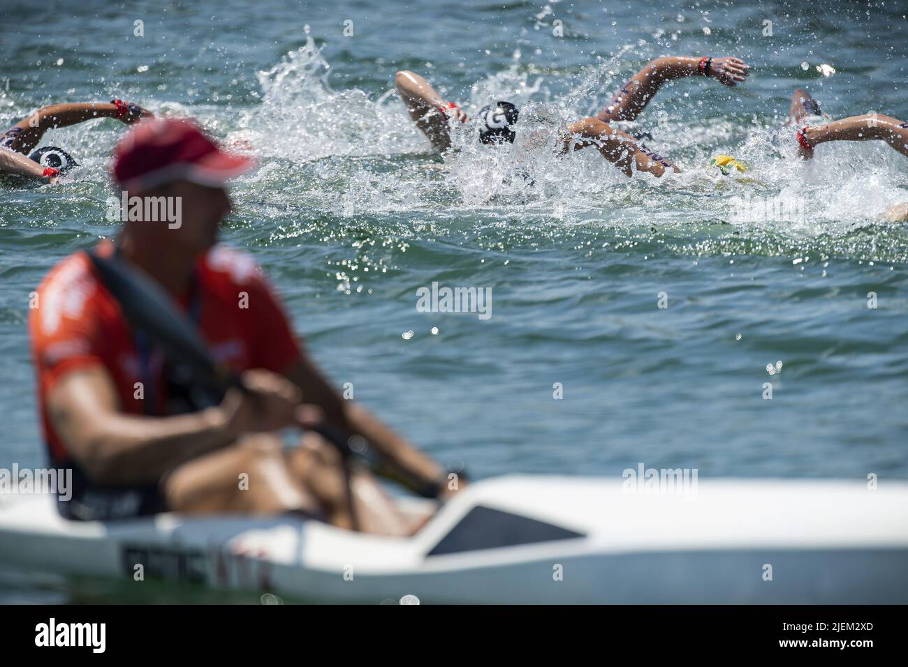 Das Rennen Freiwasser Schwimmen Damen 5km FINA 19. Weltmeisterschaft Budapest 2022 Budapest, Lupa See 27/06/22 Foto Giorgio Perottino / Deepbluemedia / Insidefoto Stockfoto