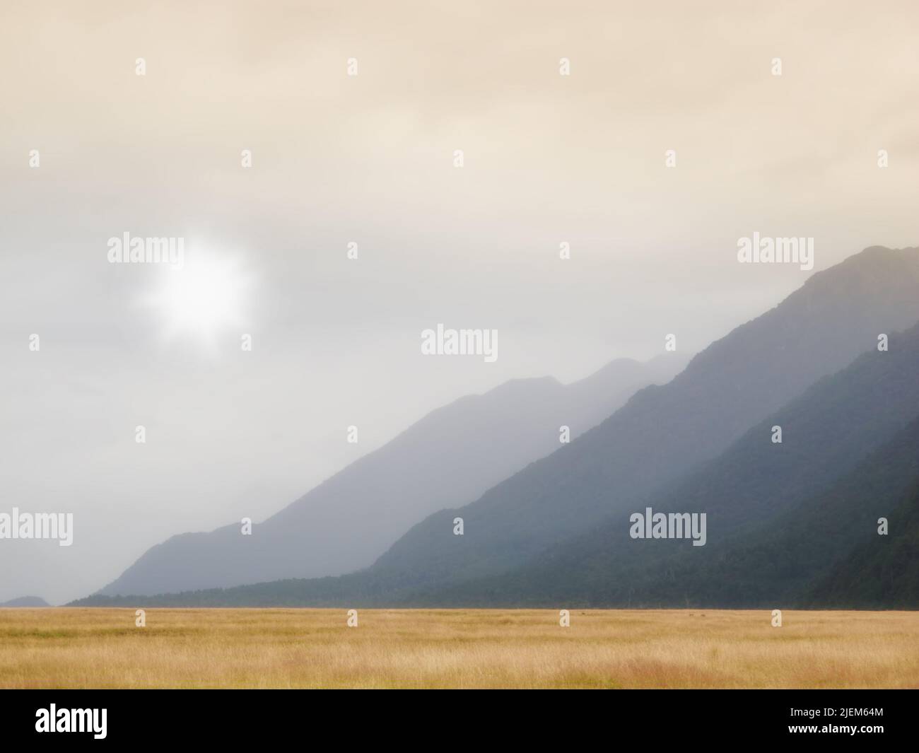 Landschaftlich reizvolle Landschaft aus trockenem Grasland oder Wiese mit Bergen oder Hügeln im Hintergrund mit Copyspace. Landschaft der Mutter Natur, Sonne scheint und Stockfoto