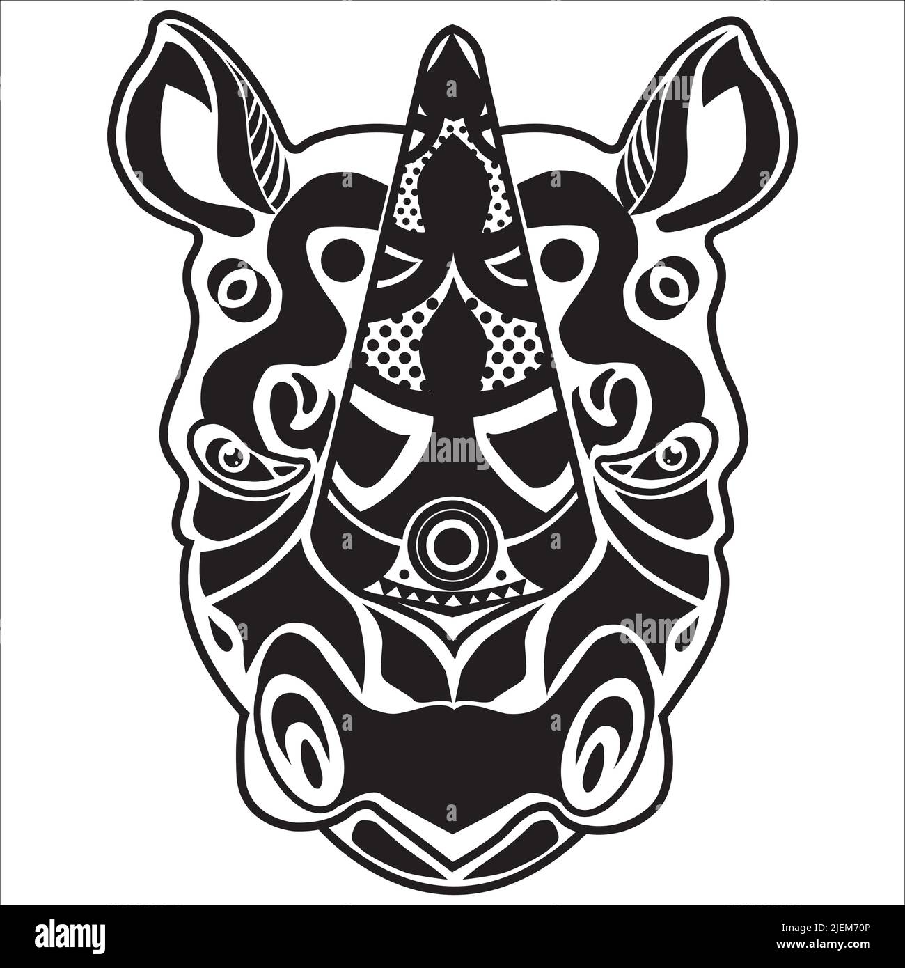 Ein vertikaler schwarz-weißer Nashornkopf, isoliert auf weißem Hintergrund. Digitale Kunst, Tattoo. Stock Vektor