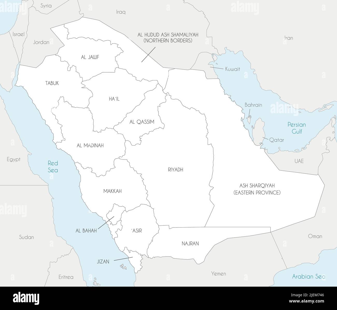 Vektorkarte von Saudi-Arabien mit Provinzen und Verwaltungseinheiten und Nachbarländern. Editierbare und klar beschriftete Ebenen. Stock Vektor