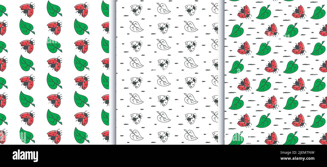 Marienkäfer, nahtlose Blattmuster, Set mit 3. Handgezeichnete Farbe Pinsel Schlaganfall, Kidle farbigen Kinder-Design, Natur Cartoon Illustration. Transparent Stock Vektor
