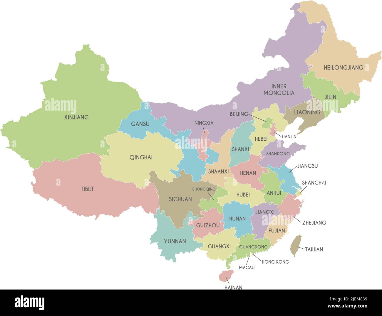 Vektorkarte von China mit Provinzen, Regionen und Verwaltungseinheiten. Editierbare und klar beschriftete Ebenen. Stock Vektor