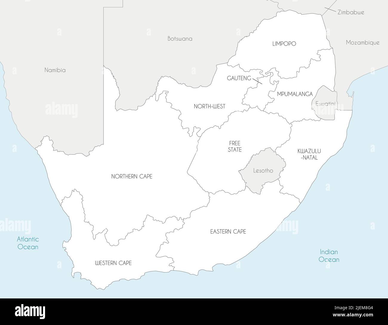 Vektor-Karte von Südafrika mit Provinzen und Verwaltungseinheiten, und Nachbarländer. Editierbare und klar beschriftete Ebenen. Stock Vektor