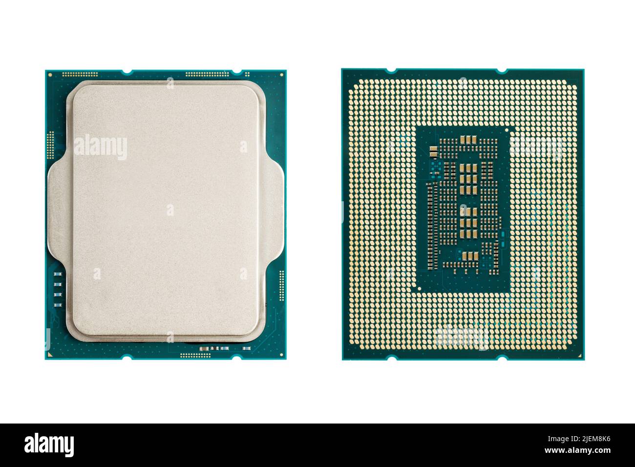 CPU - zentrale Verarbeitungseinheit des Computers auf weiß isoliert. Ansicht von oben und unten. Stockfoto