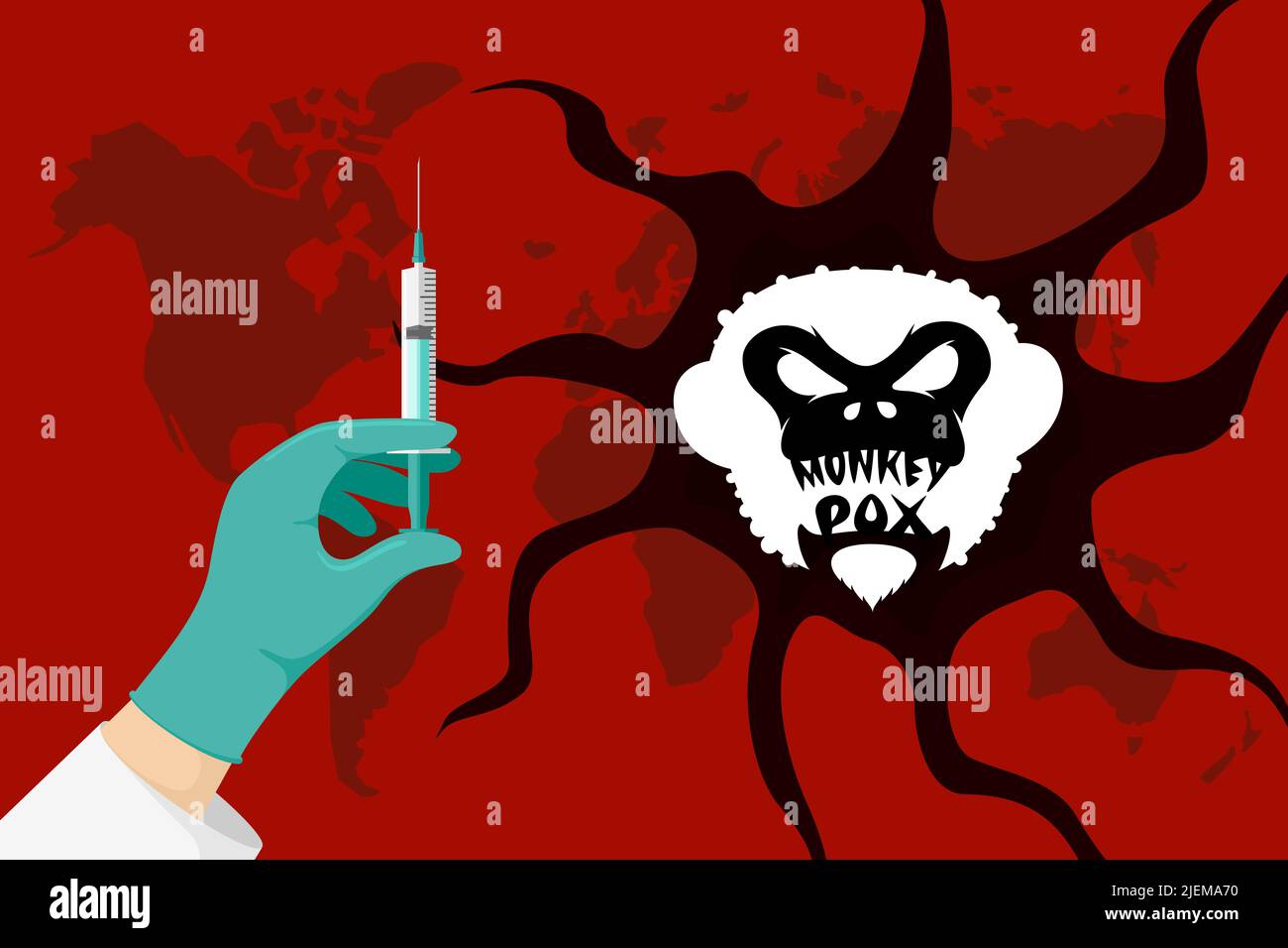 Monkeypox-Virus World Alert Angriff und Impfkonzept. Affenpocken-Infektion Krankheit Ausbruch Vorsicht-Zeichen auf dem Planeten Erde. Impfstoffspritze in der Hand des Arztes. MPV MPVX Symbol für gefährliche Pandemie. Eps Stock Vektor