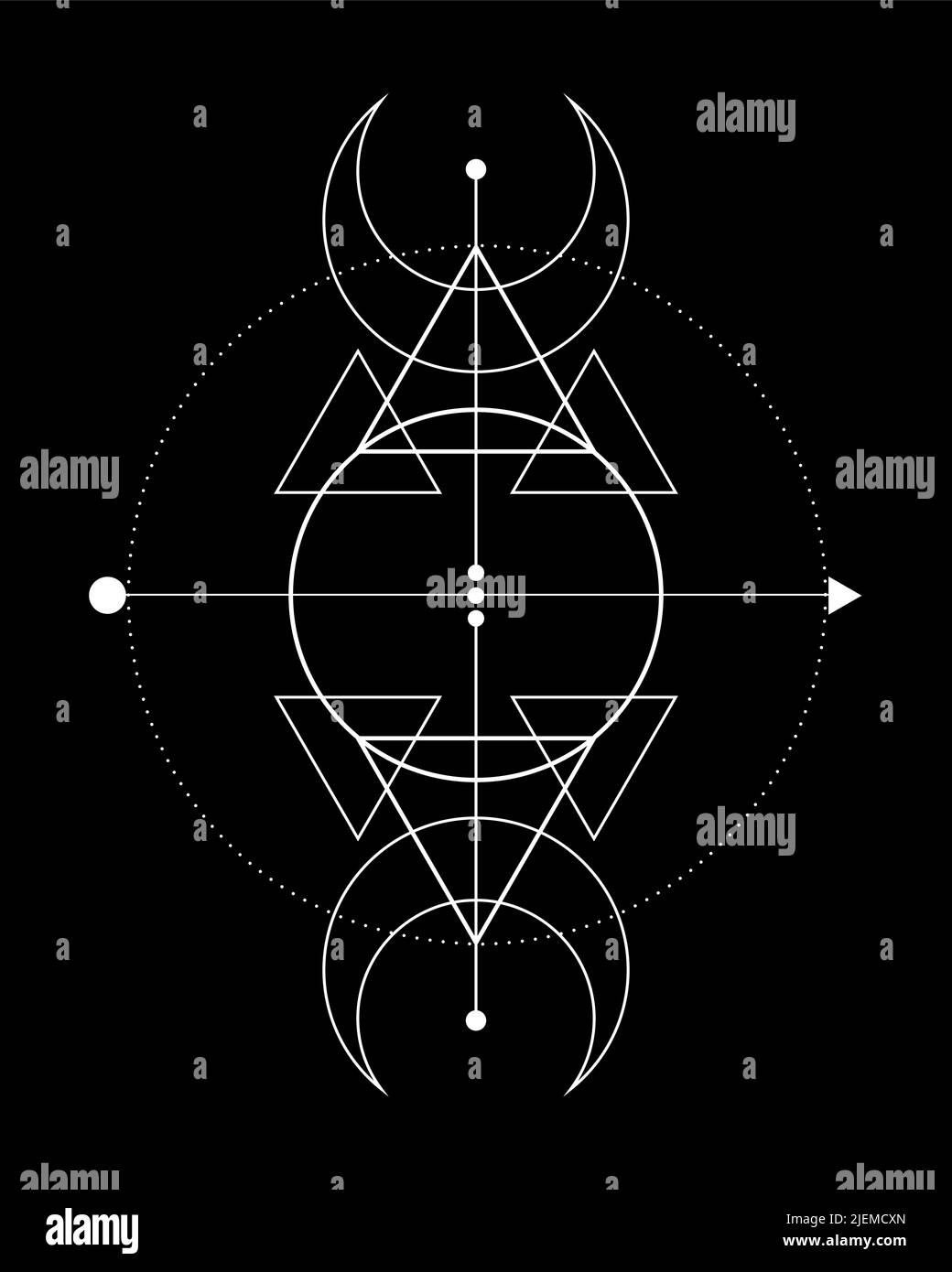 Magischer Dreifachmond. Symbol der Wikingergottheit, keltische Heilige Geometrie, Wiccan weißes Logo Tattoo, alchemistische esoterische Dreiecke. Geistlicher Okkultismus Stock Vektor