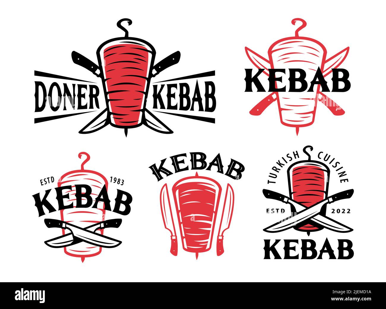 Döner Kebab-Logo. Türkische und arabische Fast-Food-Restaurant Label-Set-Vektor Stock Vektor