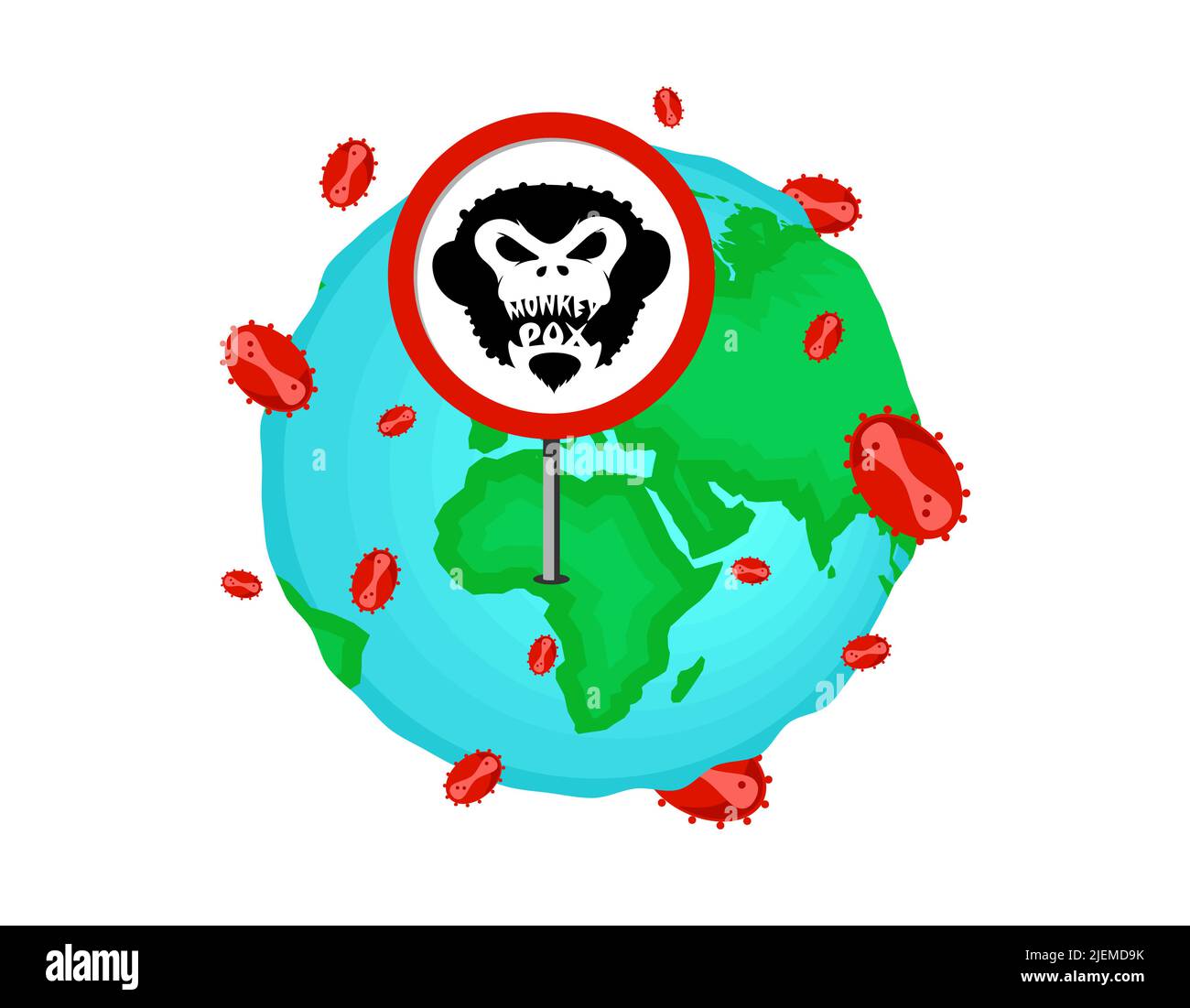 Monkeypox Virus World Alert Angriffskonzept. Affenpocken-Infektion Krankheit Ausbruch Vorsicht rotes Zeichen auf dem Planeten Erde. Gefahr und epidemisches Risiko für die öffentliche Gesundheit. MPV MPVX Symbol für gefährliche Pandemie. Vektor Stock Vektor