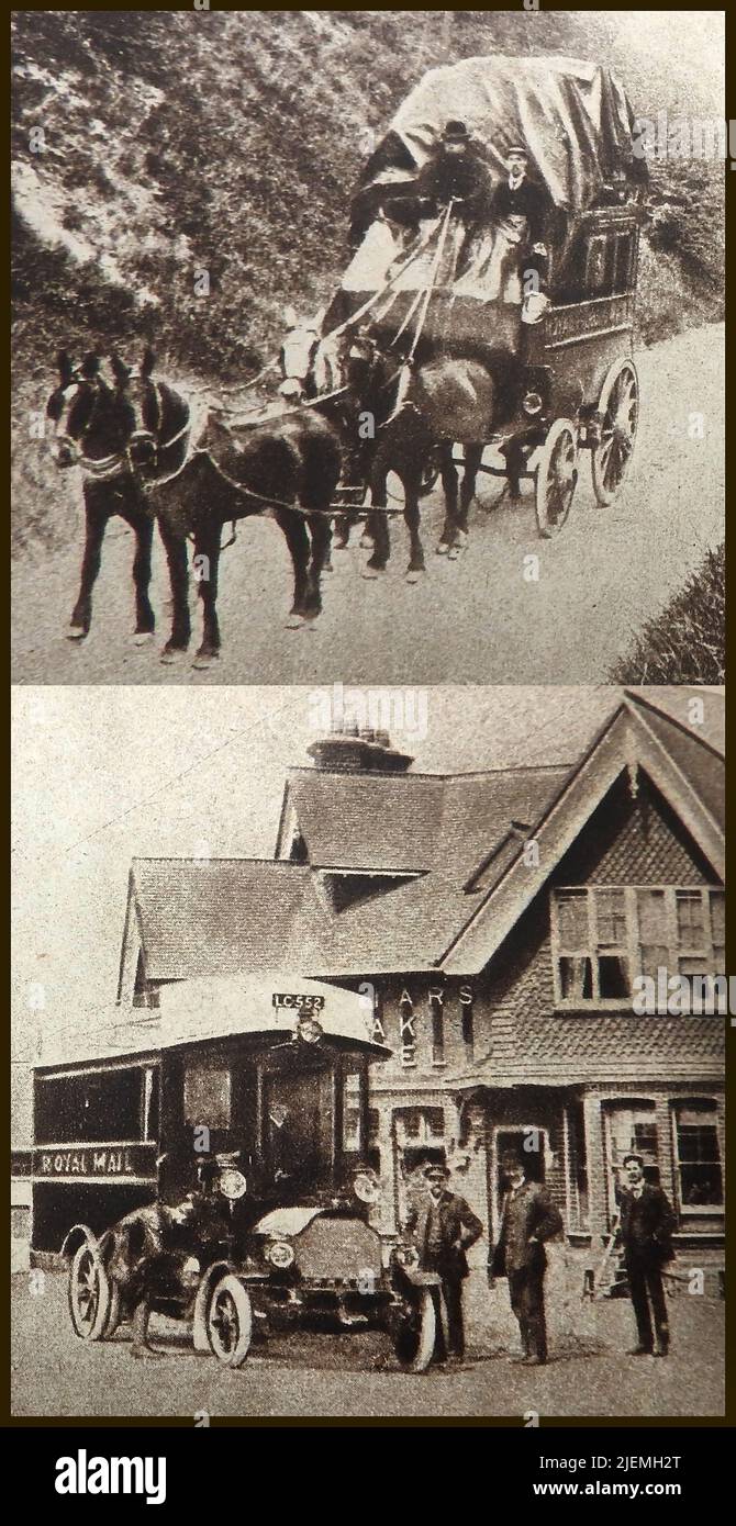 BRITISH ROYAL MAIL PAKETDIENST 1905 - Ein zusammengesetztes Foto, das den letzten Pferdewagen (1. juni) und den ersten Reisebus zeigt, der von der Royal Mail in Friar's Oak 1905 eingesetzt wurde. Stockfoto