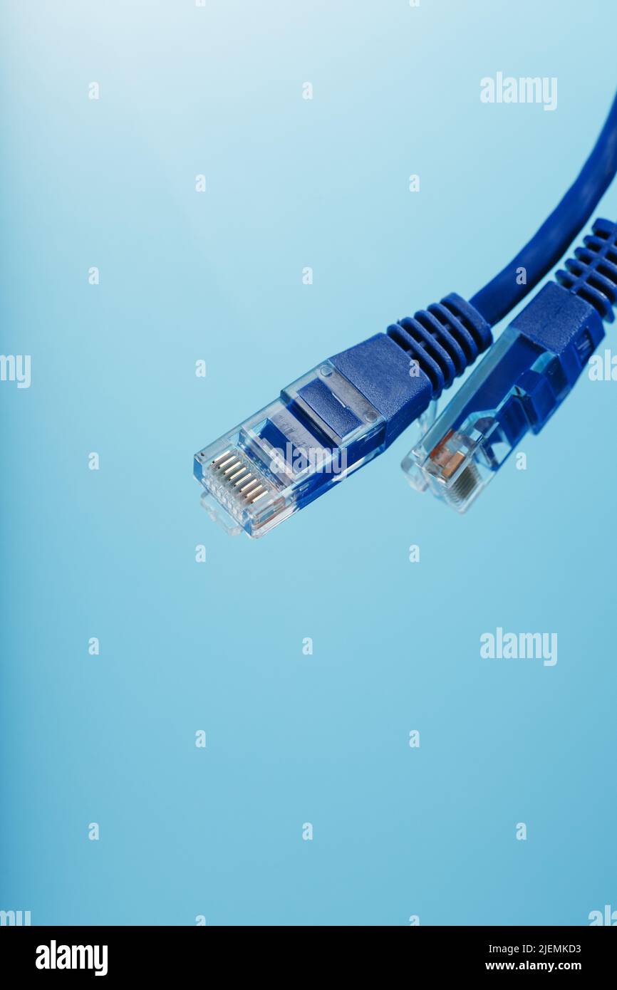 Eine Spule eines Internet-Netzwerkkabels für die Datenübertragung auf blauem Hintergrund. Patchkabel für LAN-Kabel. Stockfoto
