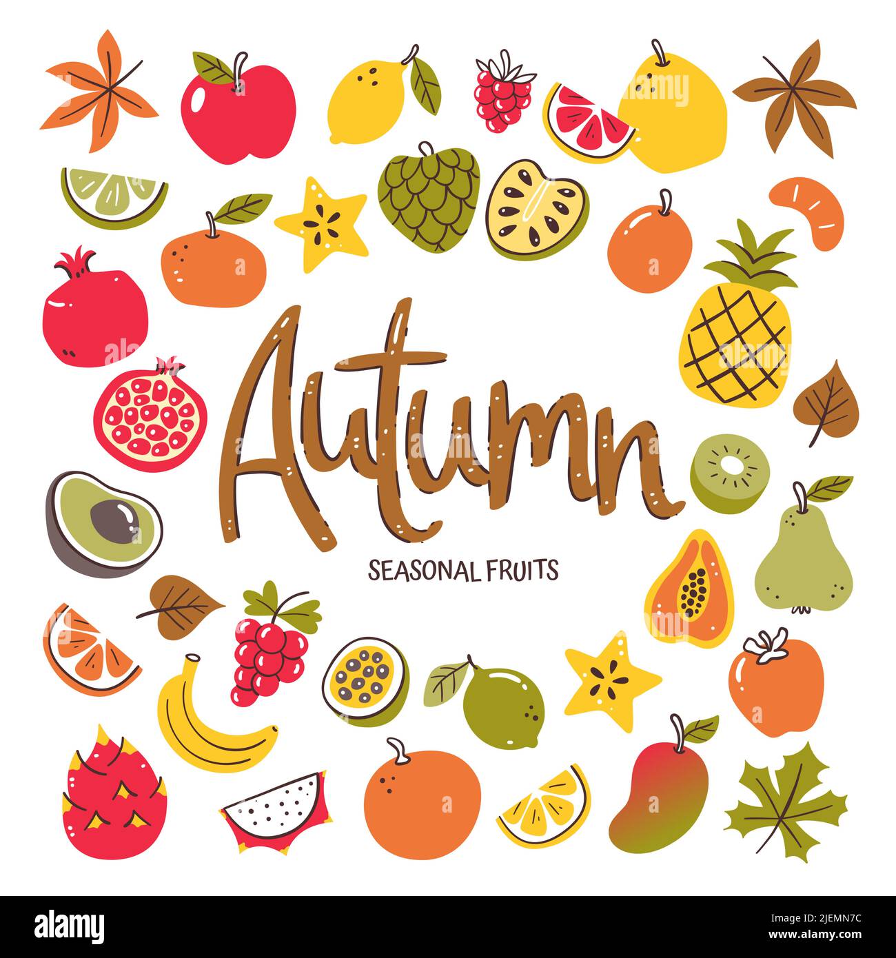 Saisonale Früchte Hintergrund. Herbstfrucht Komposition aus bunten handgezeichneten Vektor-Icons, isoliert auf weißem Hintergrund. Stock Vektor