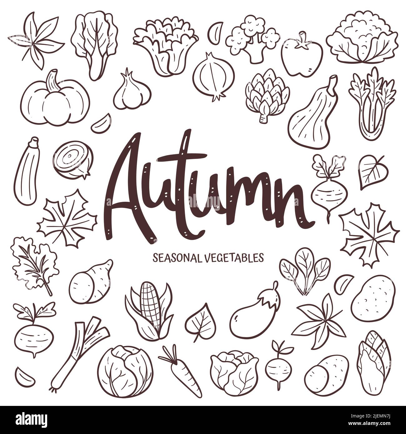 Saisonales Gemüse im Hintergrund. Handgezeichnete Herbstgemüse Komposition aus Doodle Vektor-Icons, isoliert auf weißem Hintergrund. Stock Vektor