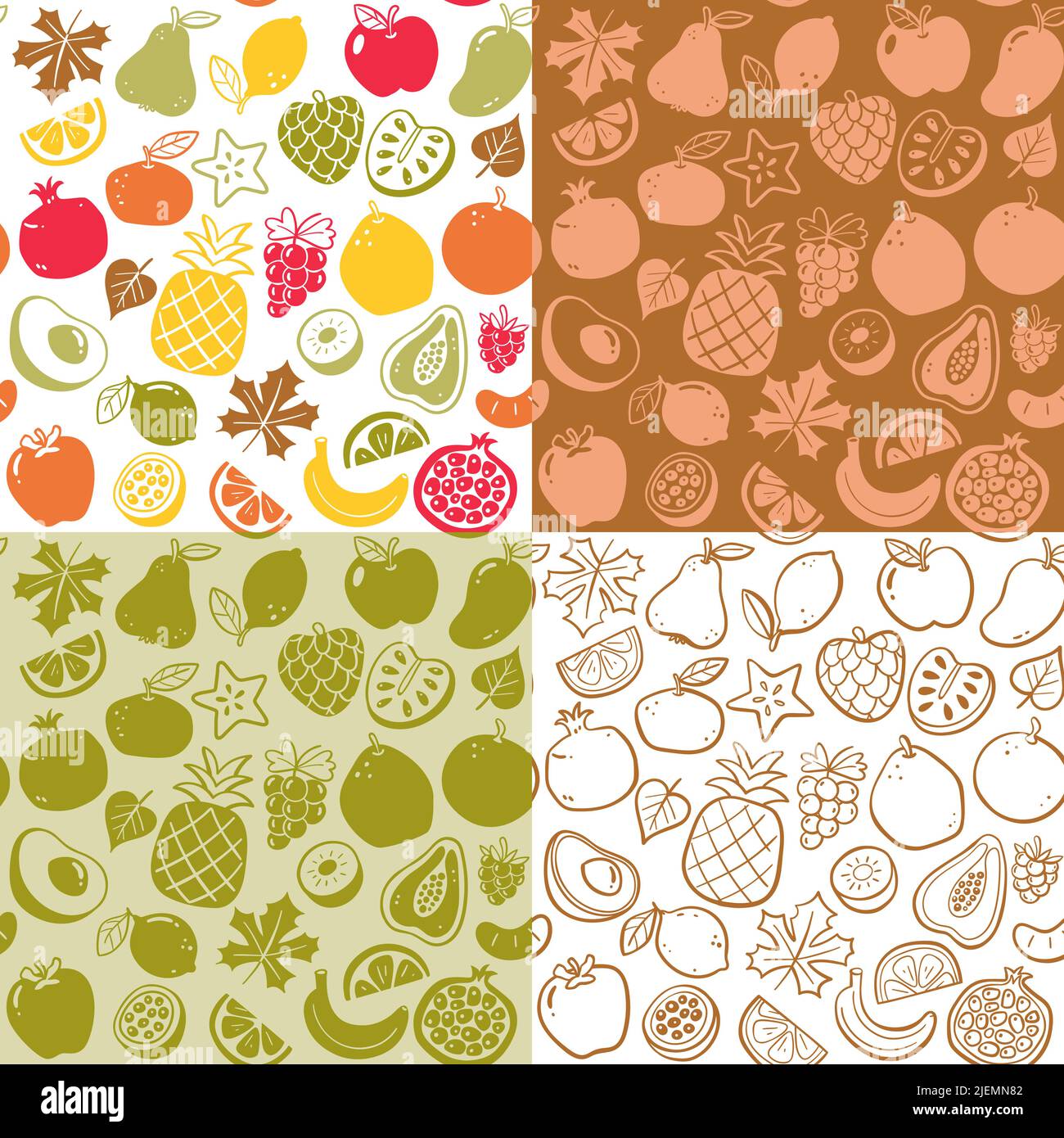 Nahtlose Musterkollektion mit Früchten der Herbstsaison. Isolierte Früchte auf weißem Hintergrund. Farbenfrohe, flache Silhouette und Doodle-Style. Vektorgrafiken Stock Vektor