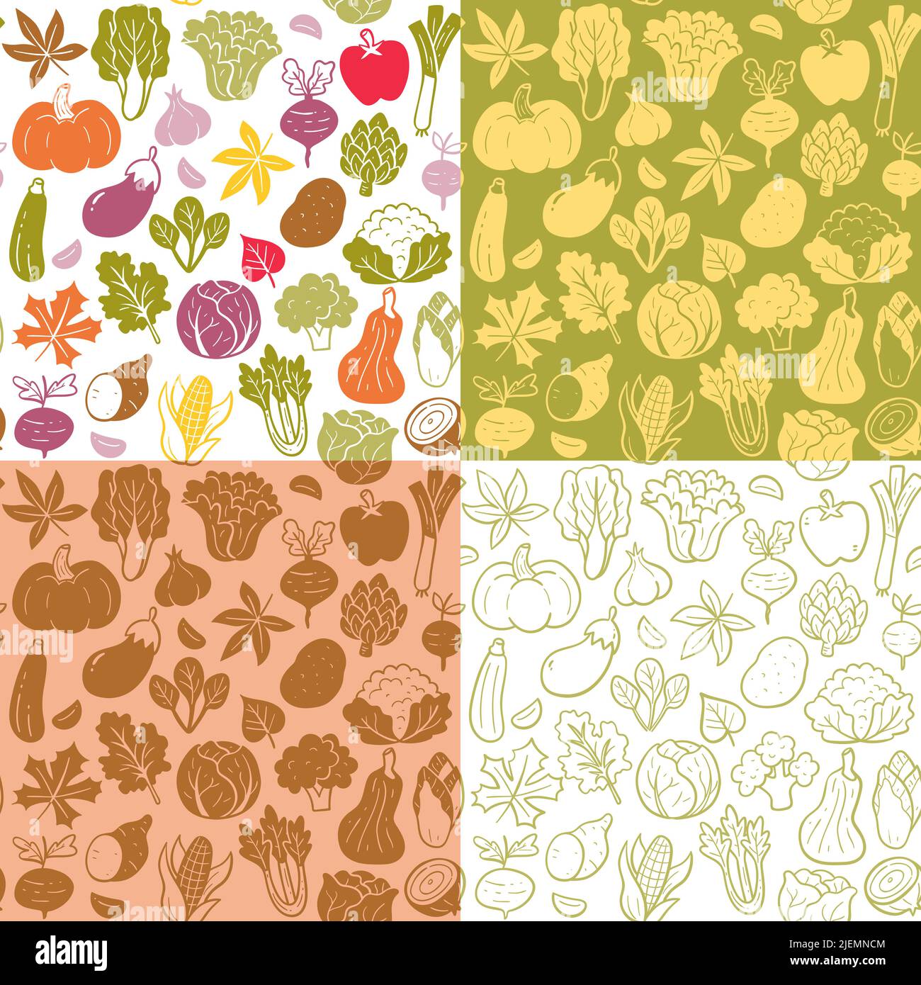 Nahtlose Musterkollektion für Gemüse der Herbstsaison. Farbenfrohe, flache Silhouette und Doodle-Style. Isoliertes Gemüse auf weißem Hintergrund. Vektor-il Stock Vektor