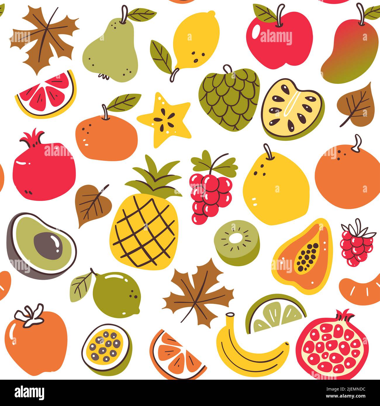 Farbenfrohe Herbstfrüchte mit nahtlosem Muster. Isolierte Früchte auf weißem Hintergrund. Vektorgrafik. Stock Vektor