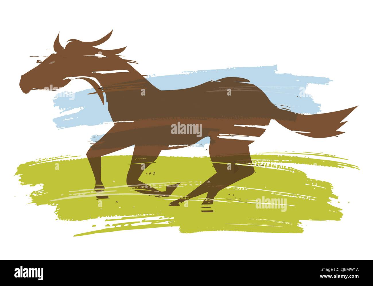 Laufendes Pferd auf einer Wiese. Bunte ausdrucksstarke stilisierte Illustration des laufenden Pferdes auf Pinselstrich Hintergrund. Vektor verfügbar. Stock Vektor