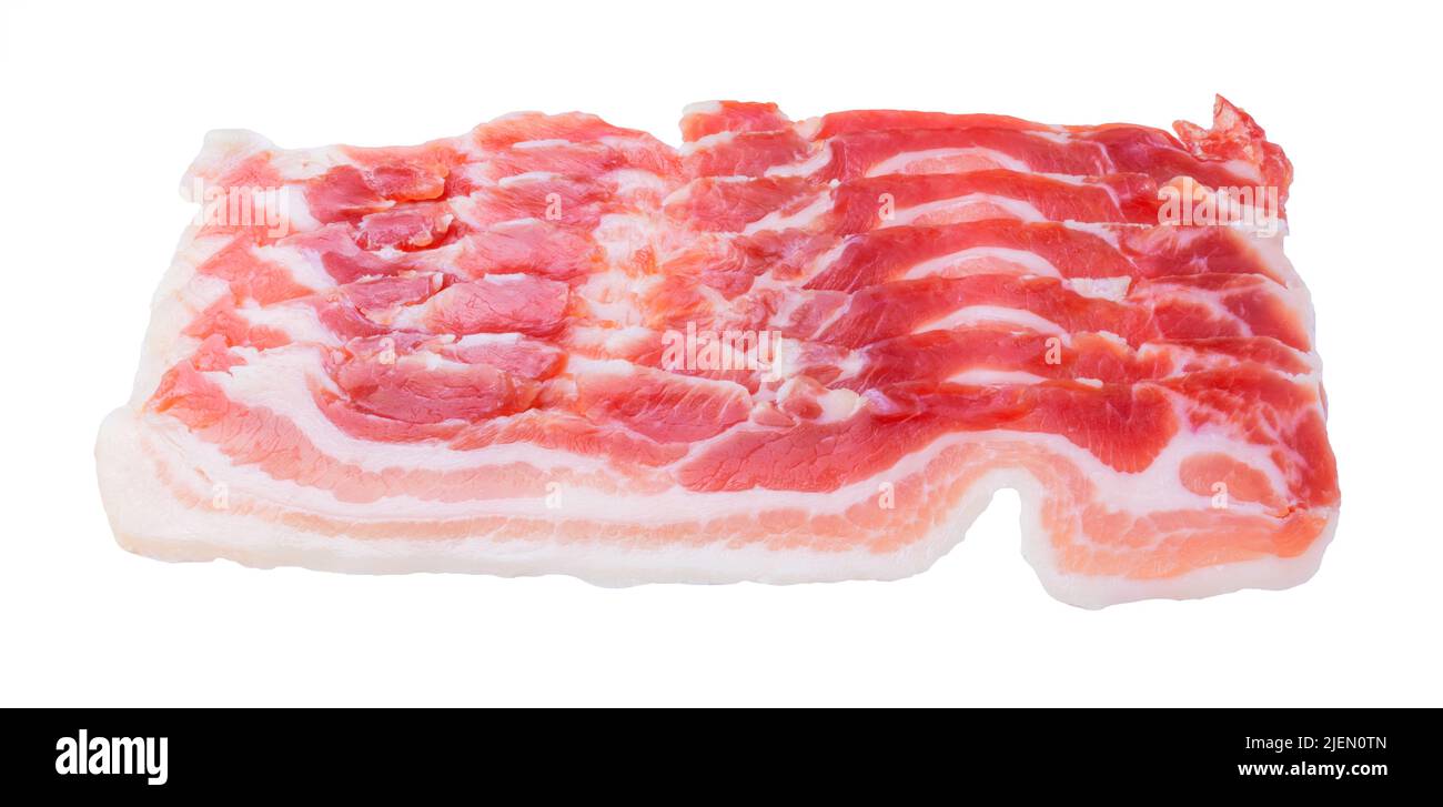 Panceta curada Spanischer und italienischer Speck auf Weiß isoliert. Stockfoto