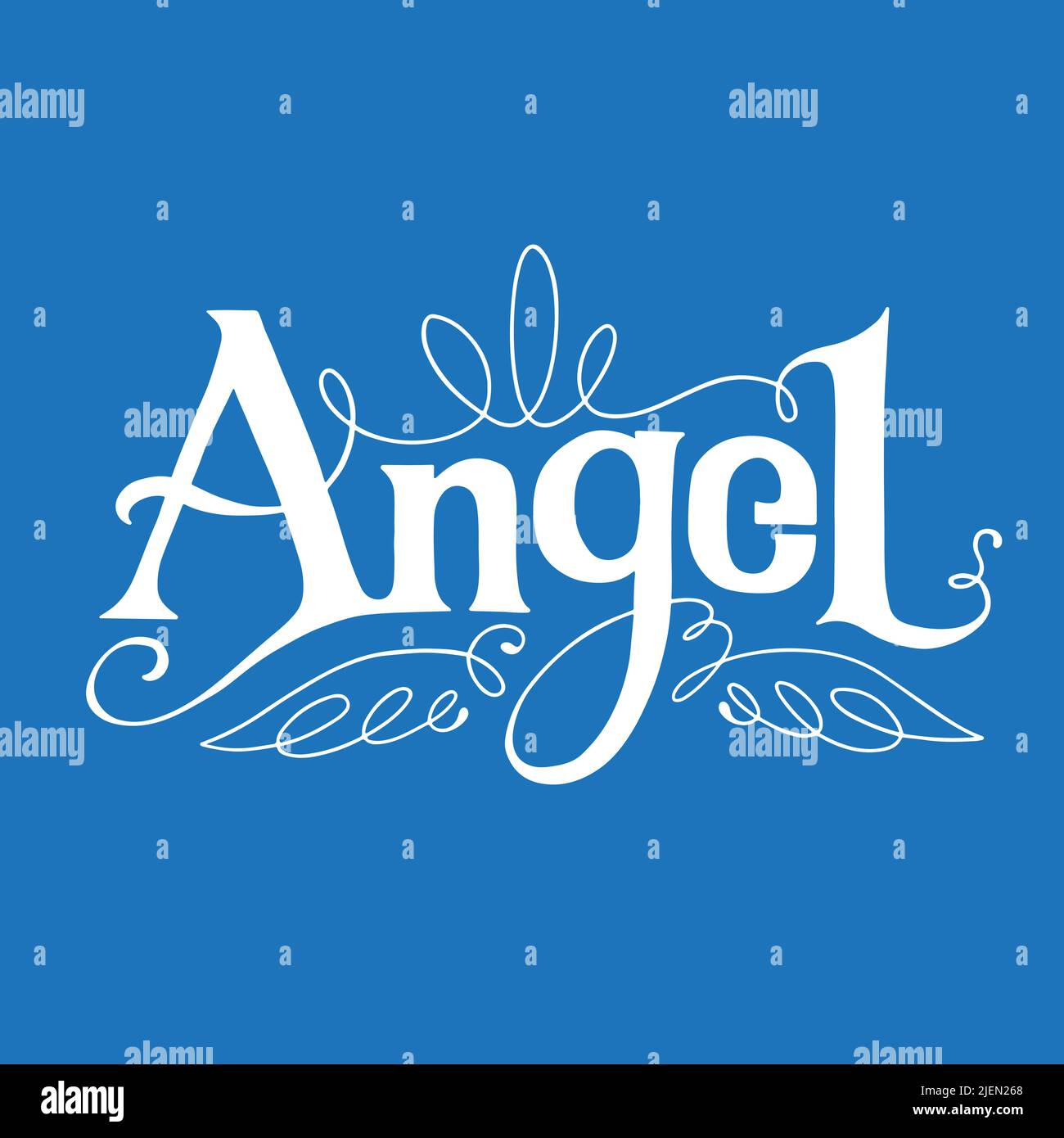 Engel-Schriftzug mit Flügeln auf blauem Hintergrund. Stock Vektor