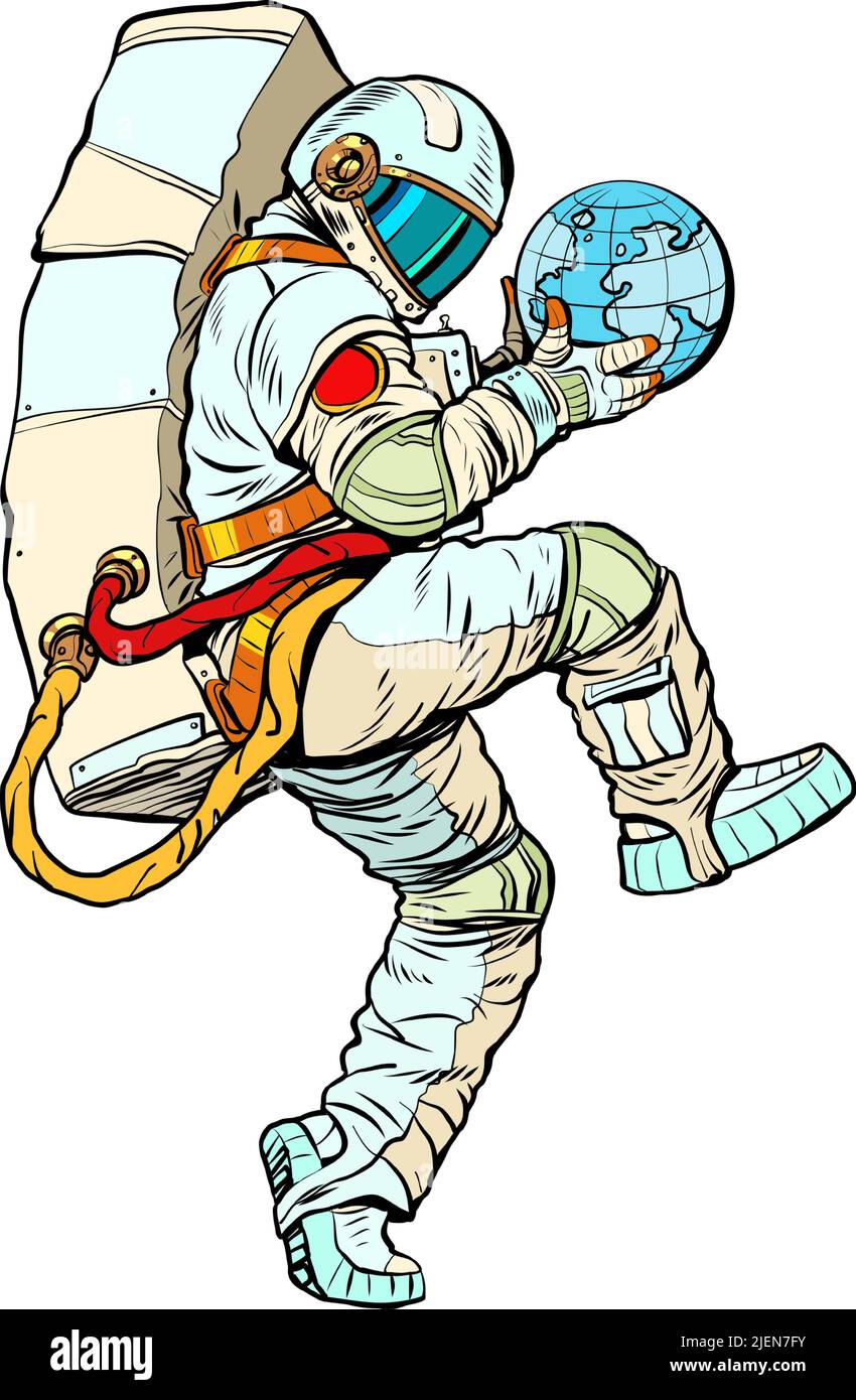 astronaut hält den Planeten Erde in den Händen, Ökologie Wissenschaft und Weltwirtschaft Thema. Mann in einer lustigen Pose Stock Vektor