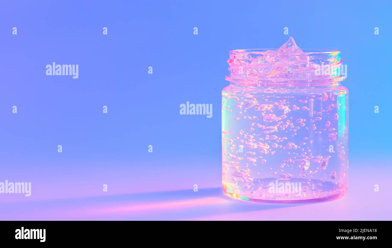 Transparentes Gel in einem Glas mit Luftblasen in Neonlicht Stockfoto