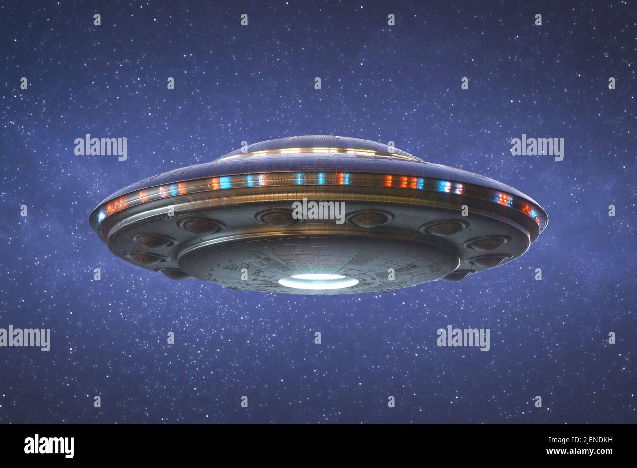 Unbekanntes Flugobjekt UFO mit Freistellungspfad enthalten. 3D-Darstellung. Stockfoto