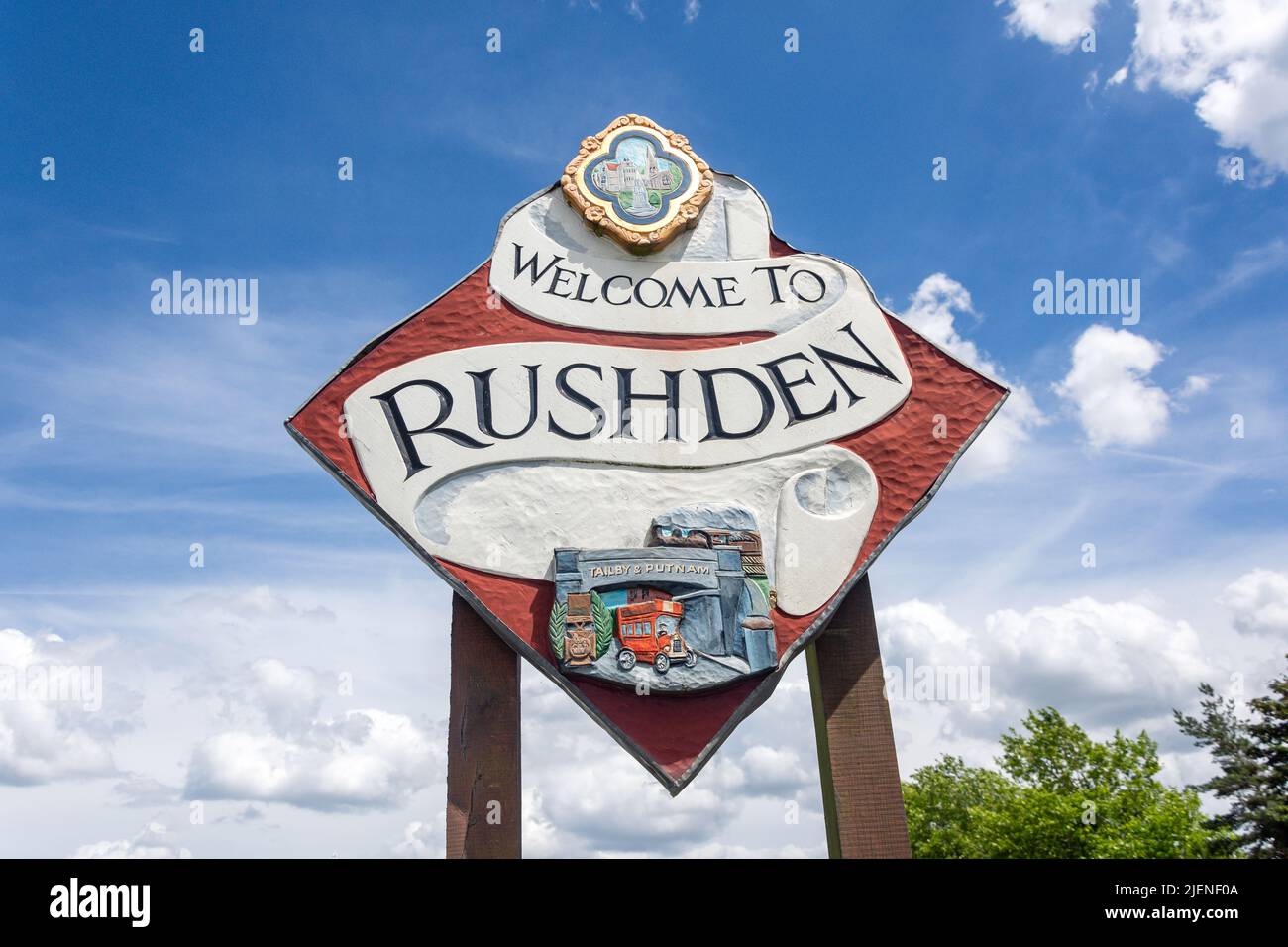 Willkommen bei Rushden sign, Rushden, Northamptonshire, England, Vereinigtes Königreich Stockfoto