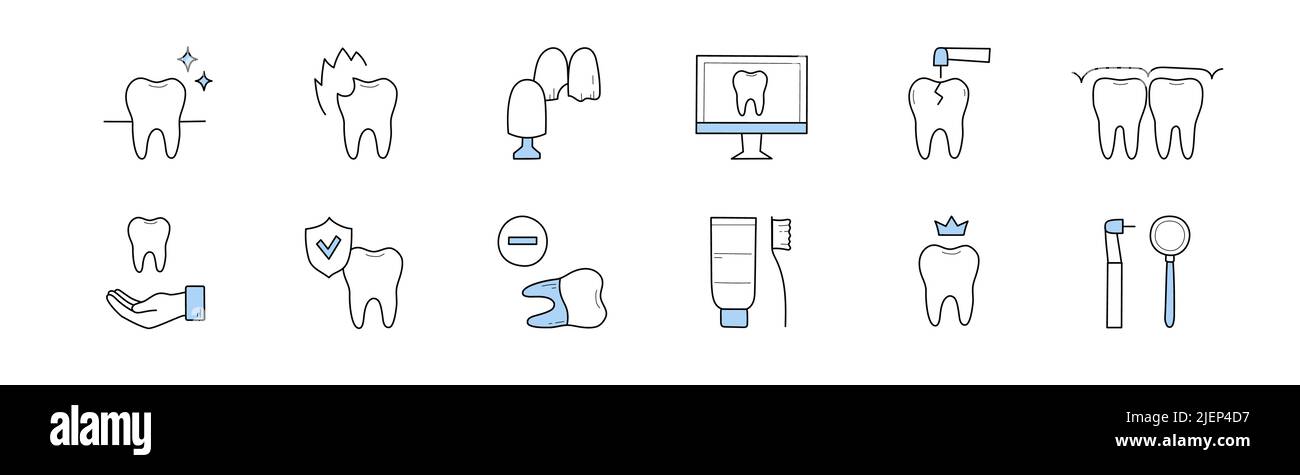 Zahnmedizin und Stomatologie Doodle Symbole gesetzt. Vektor lineare Zeichen, Zahnpflege und Medizin Zähne, Veneers, Paste und Zahnbürste, Desktop mit Zahn, stomatologische Werkzeuge, Karies Behandlung, Mundgesundheit Stock Vektor