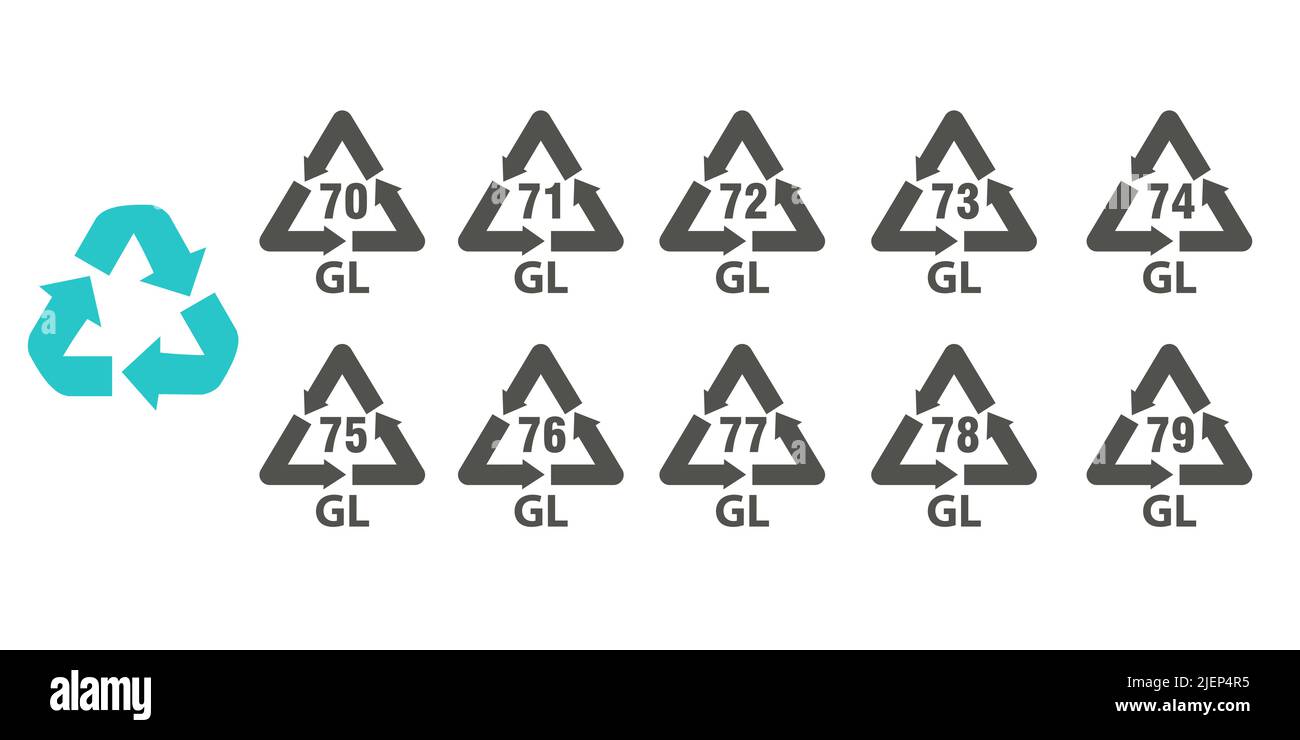 Glasrecycling-Codes. Kennzeichnung und Verpackung von Schildern und Symbolen. Symbole für die Abfallsortierung. Vektorgrafik. Stock Vektor