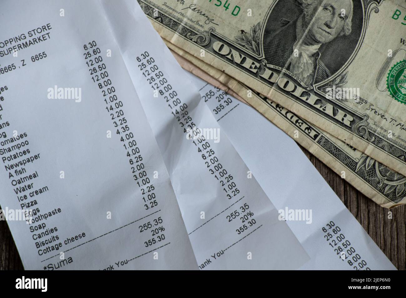 Ein Scheck aus dem Supermarkt ist auf dem Tisch, ein Papierscheck mit Einkäufen, Finanzen Summen Stockfoto