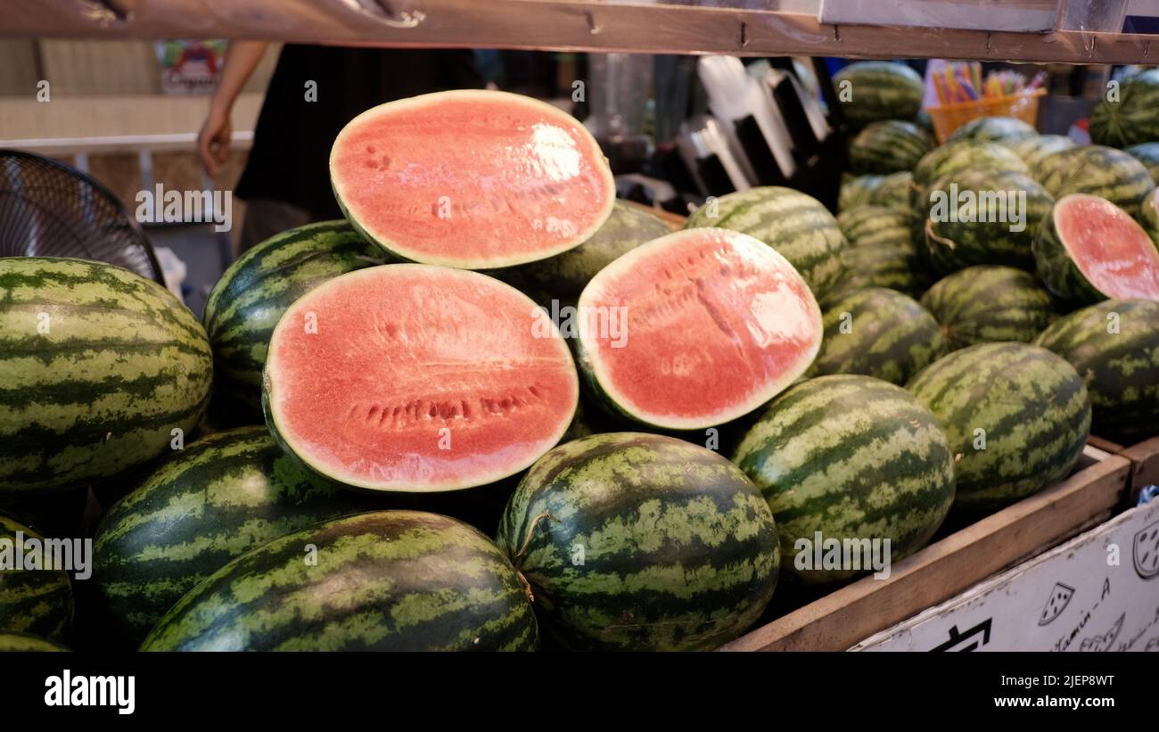 Tropisches Watermelon Street Food Verkäufer Bangkok Thailand Stockfoto