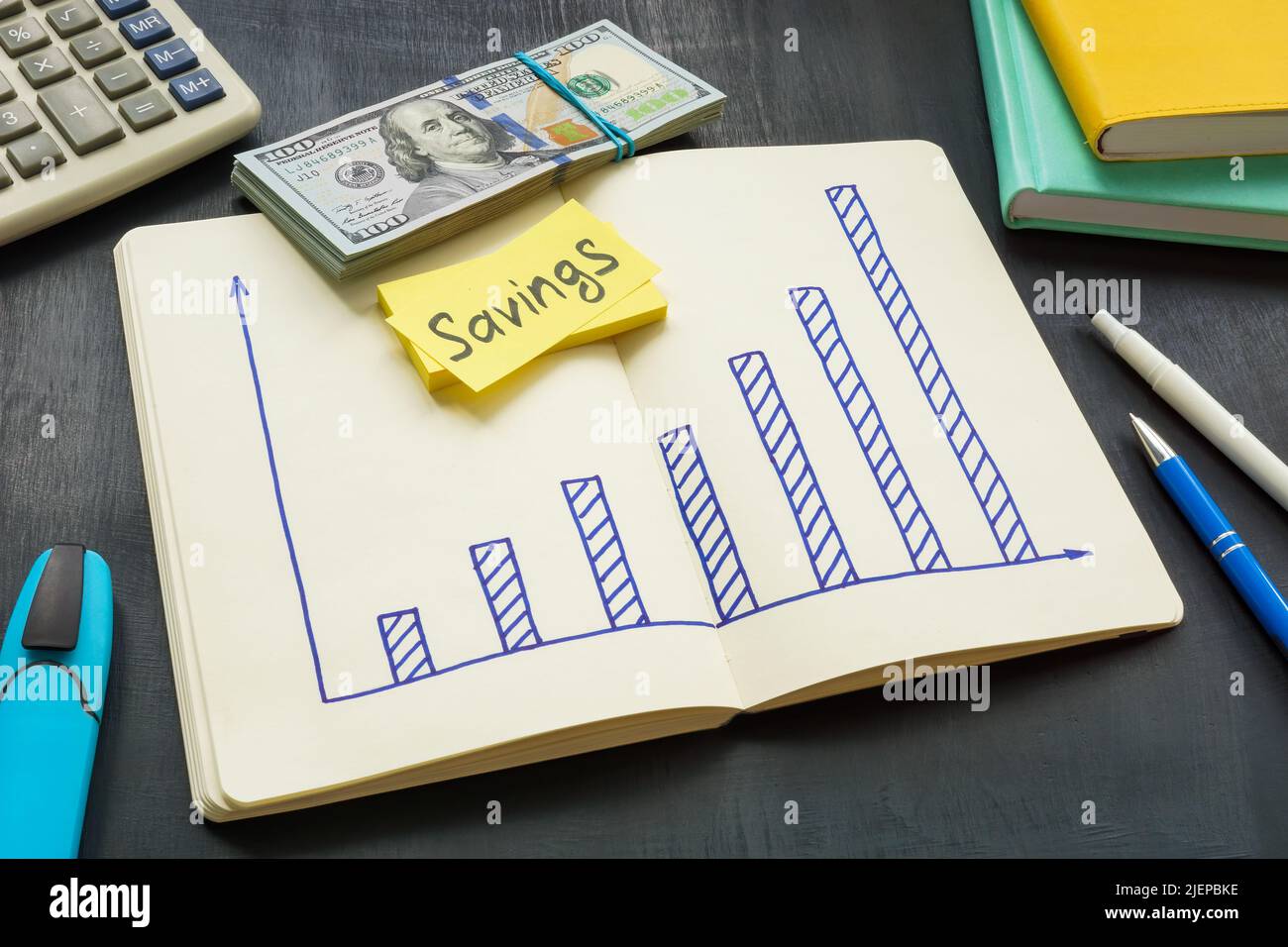 Erhöhung der Tabelle der persönlichen Ersparnisse und Stapel von Geld. Stockfoto