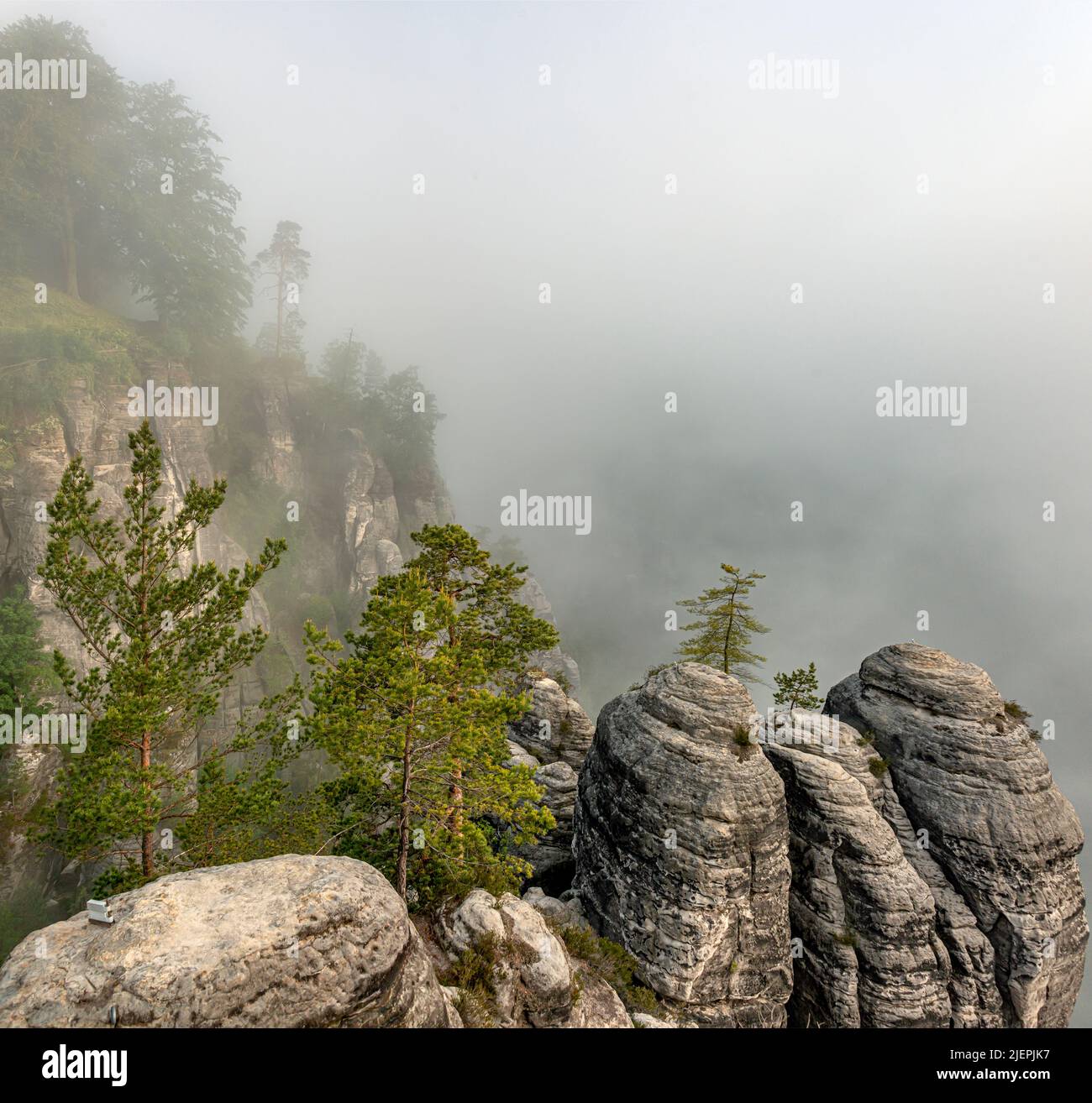 Mystischer Blick von der Bastei-Brückensteinformation im Morgennebel, Sächsische Schweiz, Sachsen, Deutschland Stockfoto
