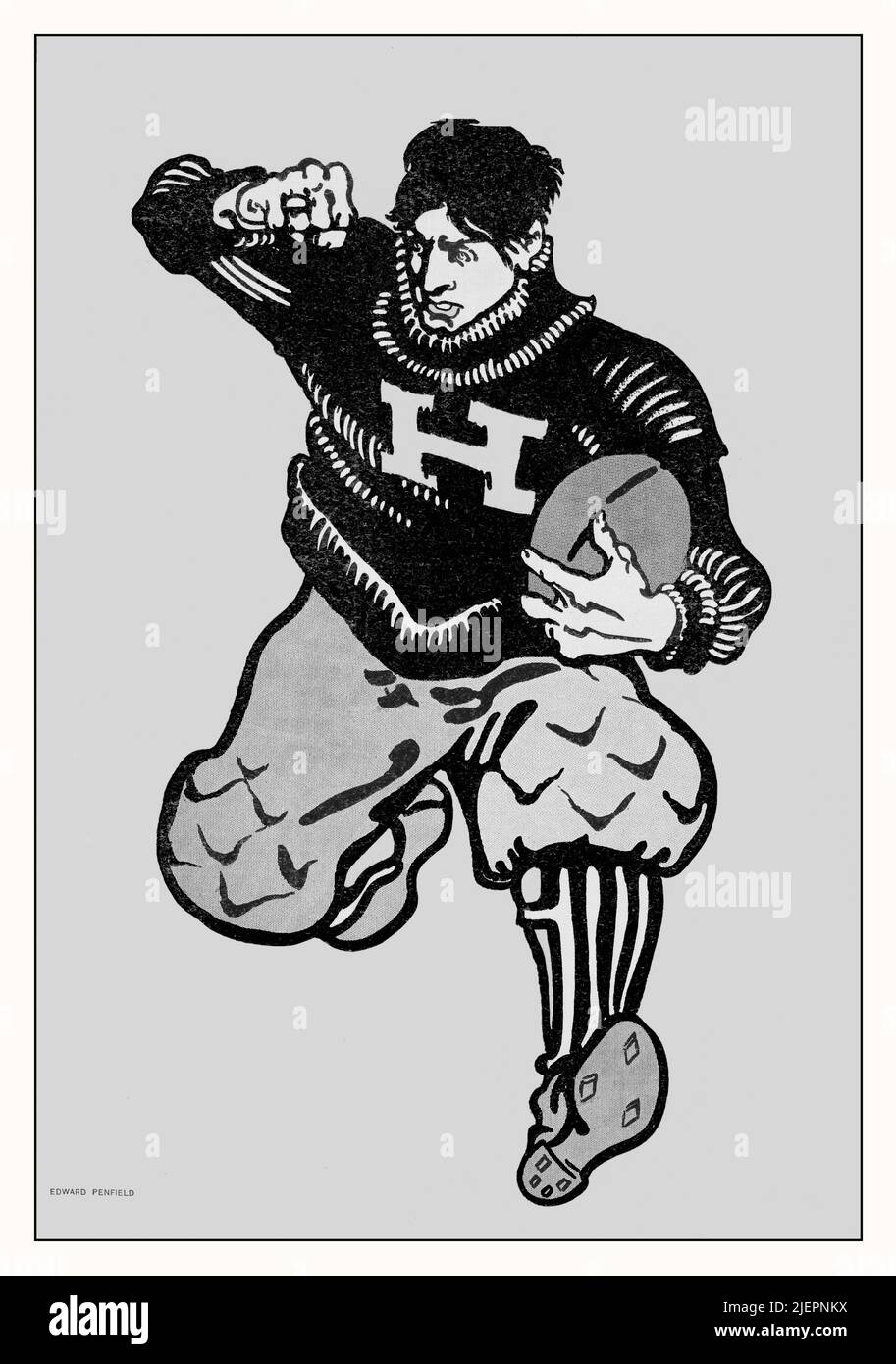 Eine Illustration aus dem frühen 20.. Jahrhundert von Edward Penfield (1866-1925) auf dem Cover von Collier's, einer amerikanischen Zeitschrift für Allgemeininteresse mit einem amerikanischen Footballer. Stockfoto
