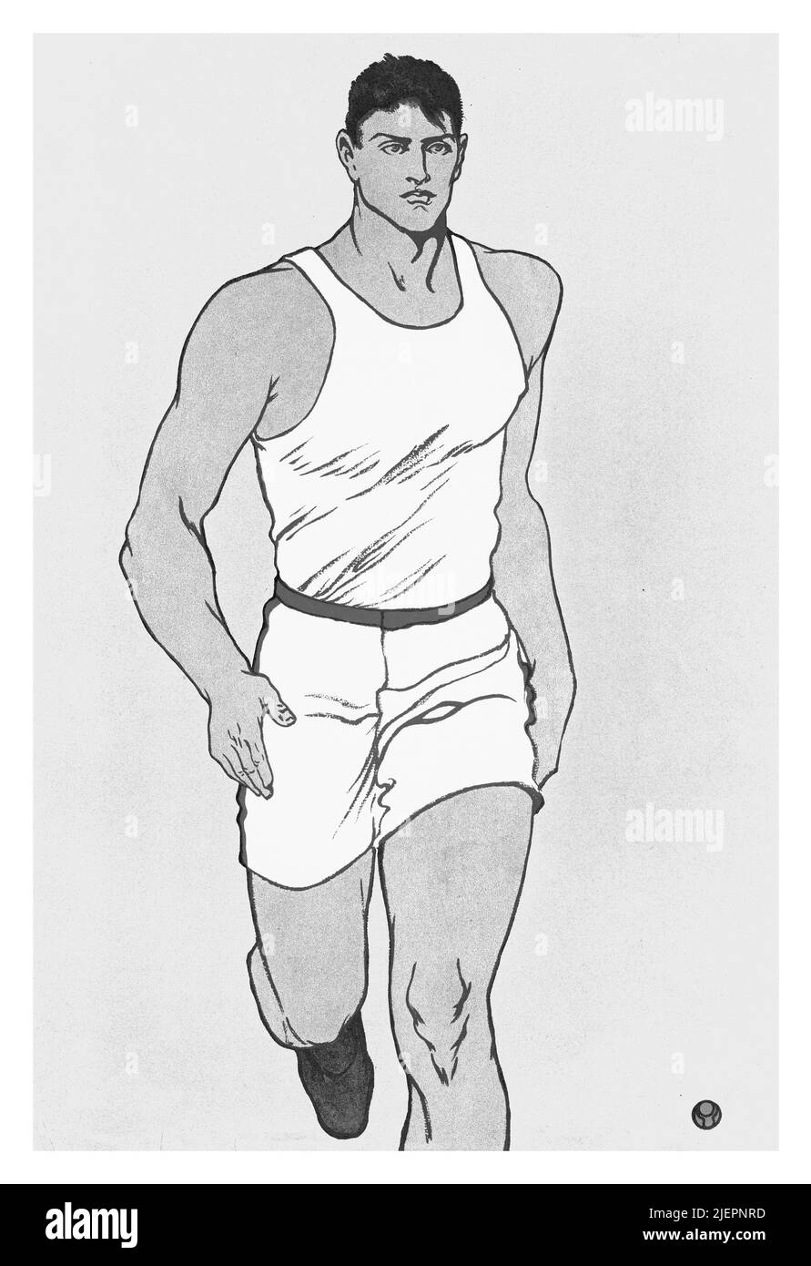 Eine Illustration aus dem frühen 20.. Jahrhundert von Edward Penfield (1866-1925) auf dem Cover von Collier's, einem amerikanischen Magazin von allgemeinem Interesse, das einen Athleten beim Laufen zeigt. Stockfoto