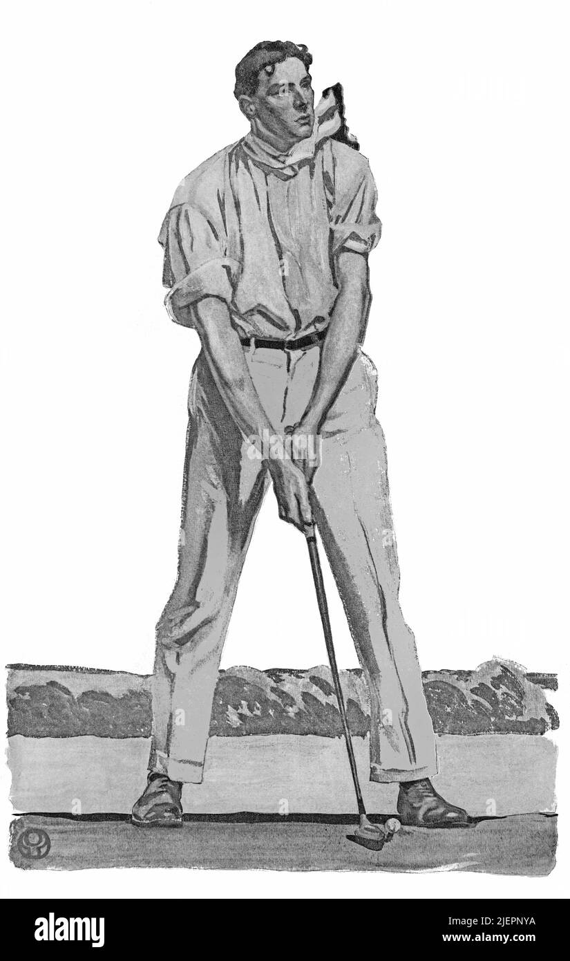 Eine Illustration aus dem frühen 20.. Jahrhundert von Edward Penfield (1866-1925) auf dem Cover von Collier's, einer amerikanischen Zeitschrift für allgemeines Interesse, in der ein Golfer kurz vor dem Abschlag steht. Stockfoto