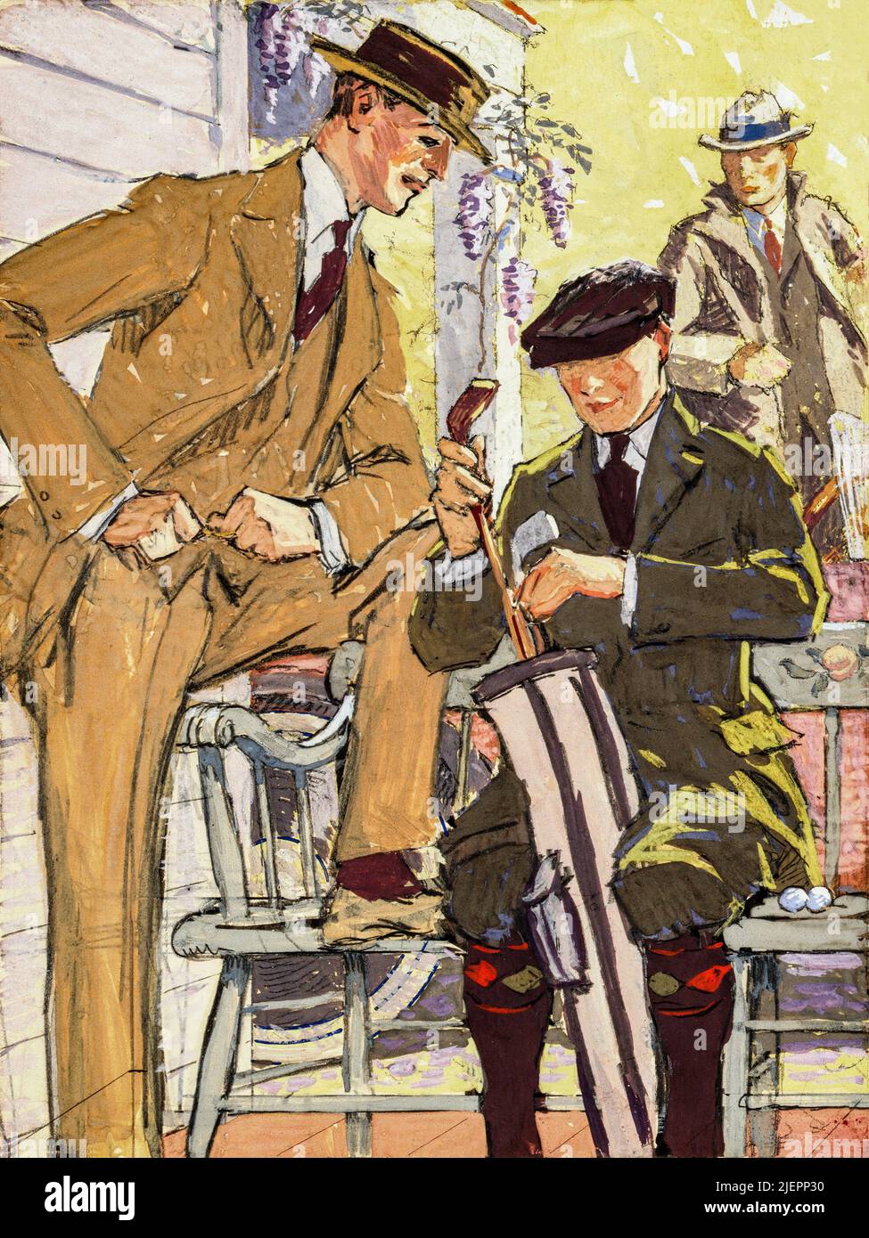 Ein Gemälde aus dem frühen 20.. Jahrhundert von Edward Penfield (1866-1925) von Golfern außerhalb des Clubhauses, die die Golfschläger in einer Golftasche organisieren Stockfoto