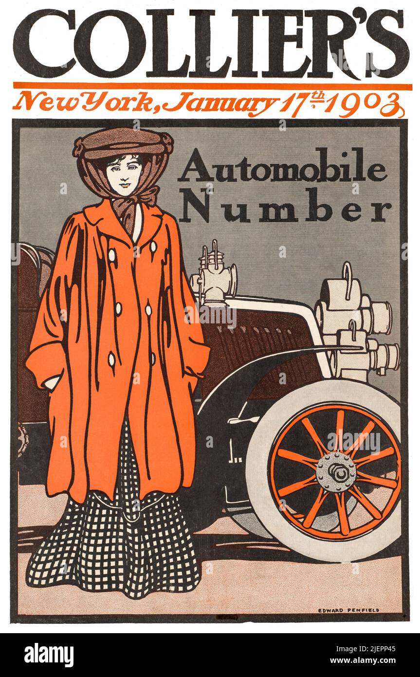 Eine Illustration aus dem frühen 20.. Jahrhundert von Edward Penfield (1866-1925) auf dem Cover von Collier's, einem amerikanischen Magazin von allgemeinem Interesse, das eine Dame für die Automobilausgabe zeigt. Stockfoto