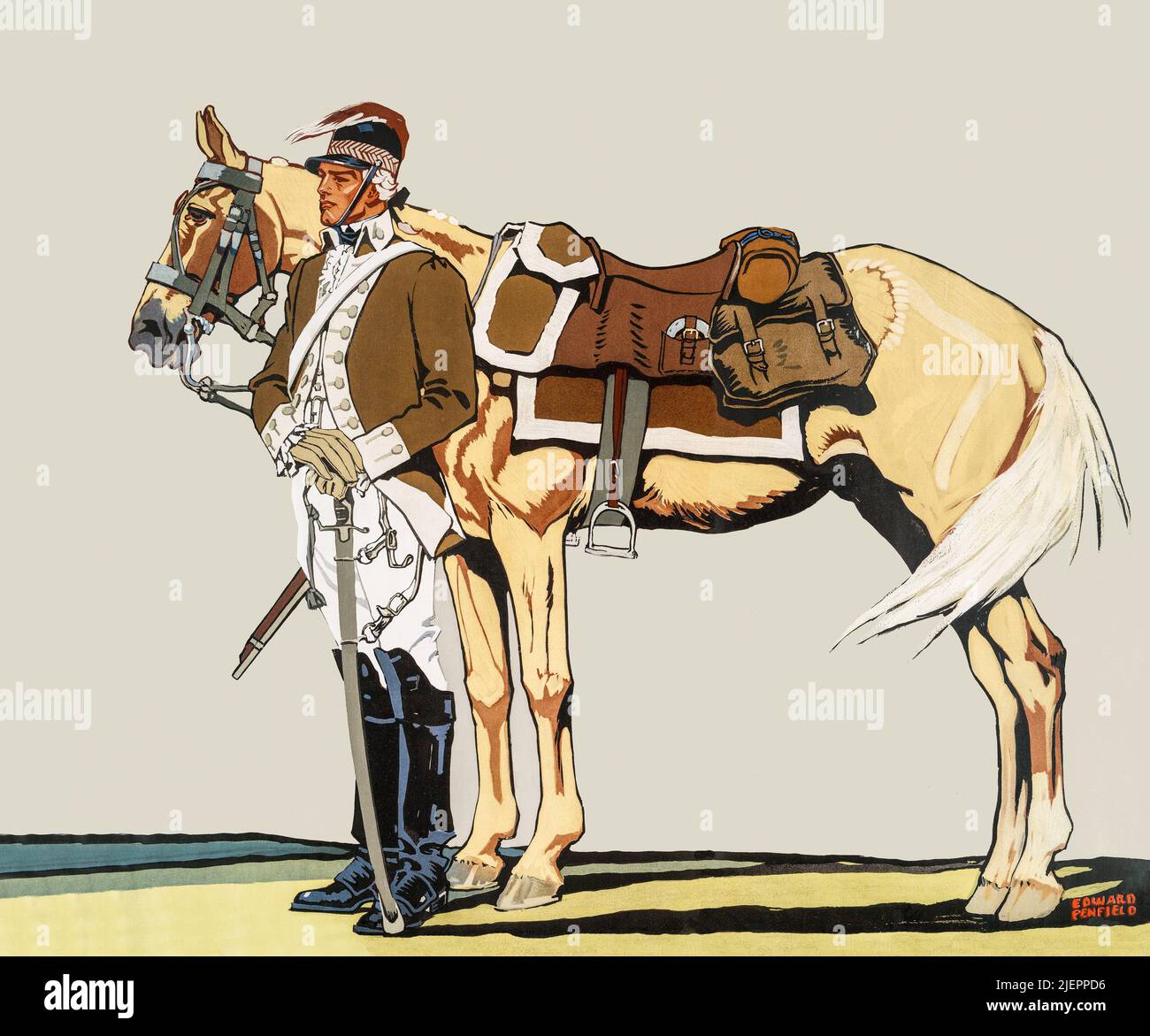 Eine amerikanische Werbeillustration eines Philadelphia Light Horse Troopers (1775) aus dem frühen 20.. Jahrhundert von Edward Penfield (1866-1925) zur Förderung eines Herrenkleiderherstellers. Stockfoto