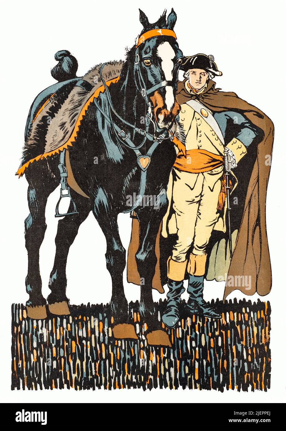 Eine Illustration des frühen 20.. Jahrhunderts von Edward Penfield (1866-1925) auf dem Cover von Collier's, einer amerikanischen Zeitschrift für Allgemeininteresse, in der George Washington (1732-1799) neben seinem Pferd steht. Von 1789 bis 1797 war er Militäroffizier, Staatsmann und Gründungsvater der Vereinigten Staaten von 1. Stockfoto