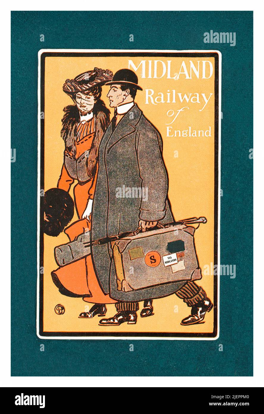 Eine Illustration aus dem frühen 20.. Jahrhundert von Edward Penfield (1866-1925) für eine von der englischen Midland Railway in Auftrag gegebene Werbung, in der ein Paar auf Zugfahrt ist. Stockfoto