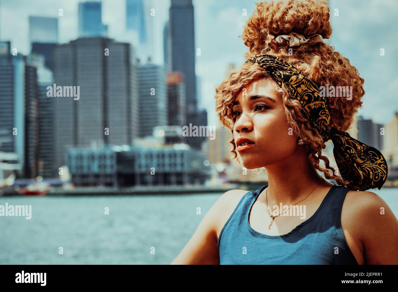 Headshot schöne junge Erwachsene Frau Afro Frisur mit Manhattan New York City Skyline im Hintergrund Außenaufnahme Stockfoto