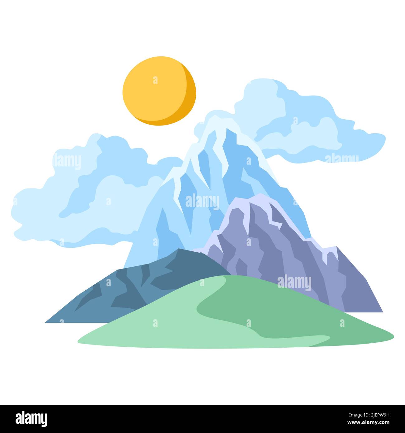 Landschaft mit Bergen, Hügeln und Himmel. Natürliche Szenendarstellung. Abstrakter Stil. Stock Vektor