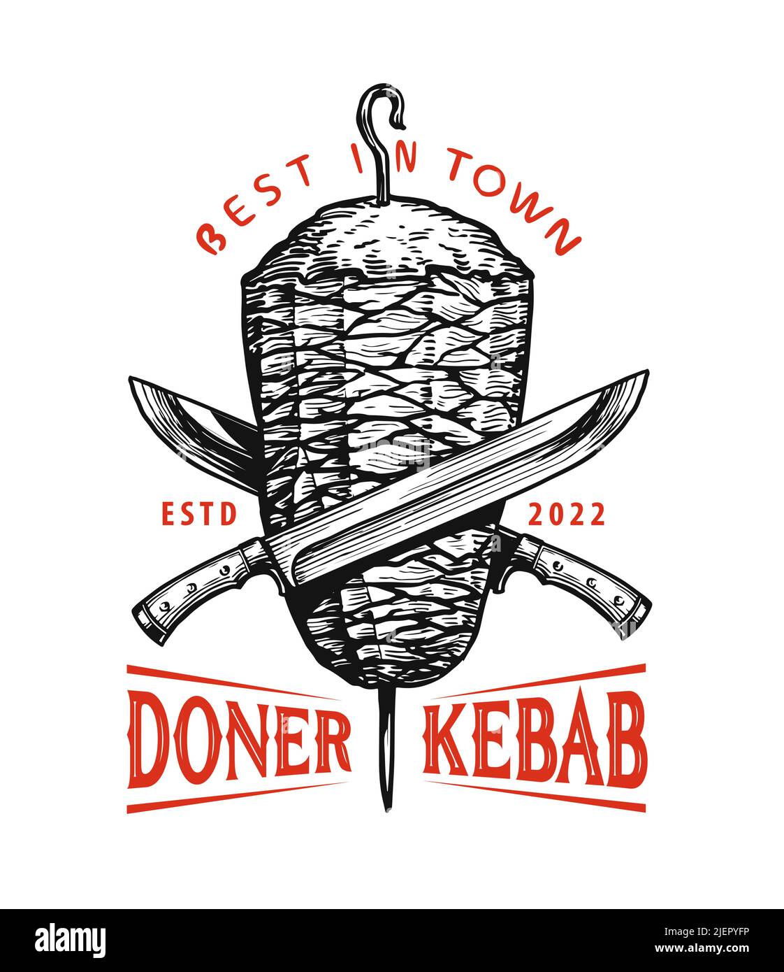 Kebab auf Stange. Türkisches und arabisches Restaurant. Rotierender Spieß mit gebratenem Fleisch. Skizzenvektor im Vintage-Stil Stock Vektor