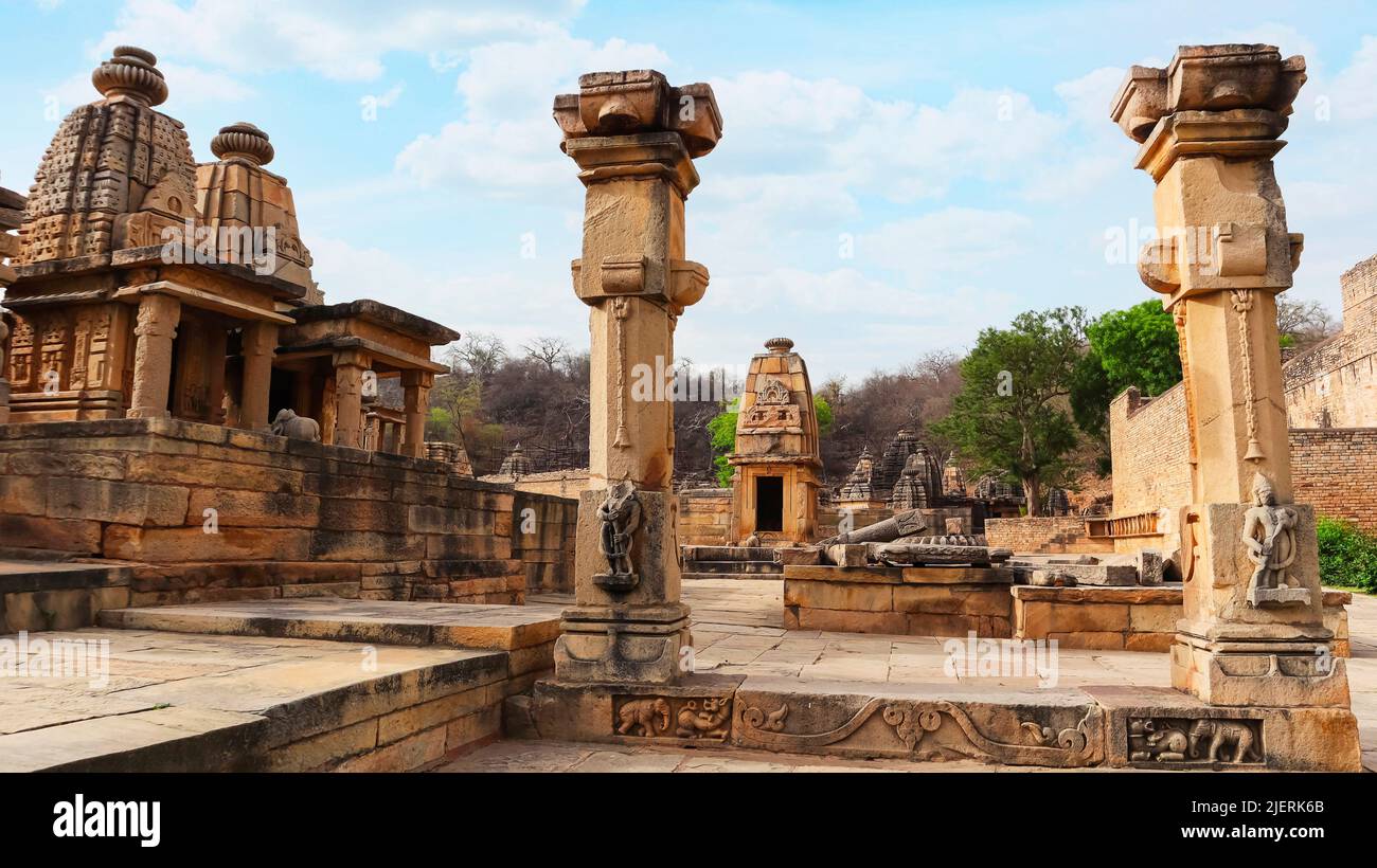 Eintritt zur Bateshwara-Tempelgruppe, Morena, Madhya Pradesh, Indien. Stockfoto