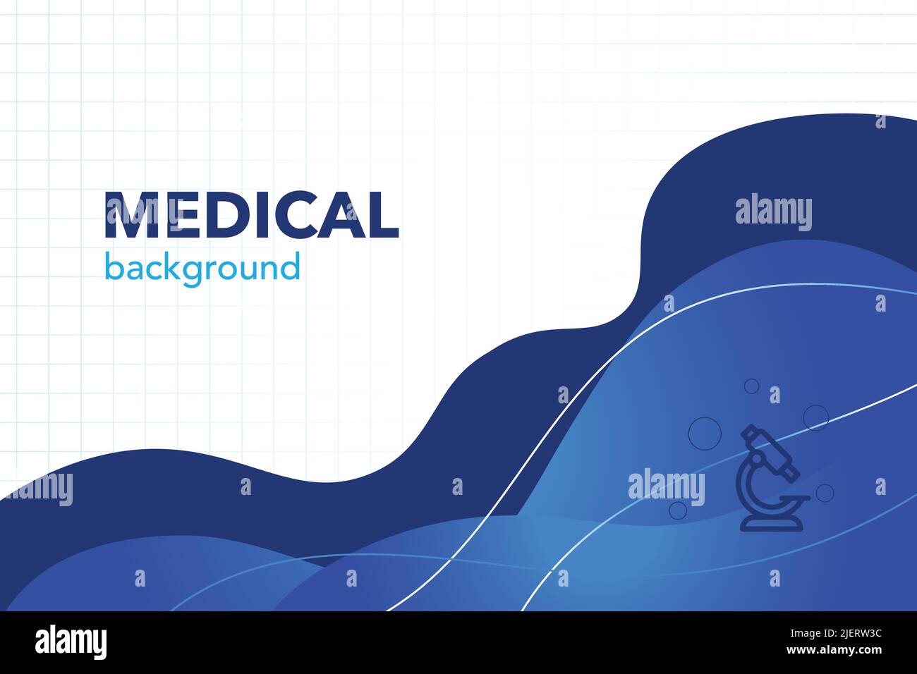 Blauer Hintergrund mit medizinischem Thema, welligen Linien und einem Mikroskop auf dem Hintergrund Stock Vektor