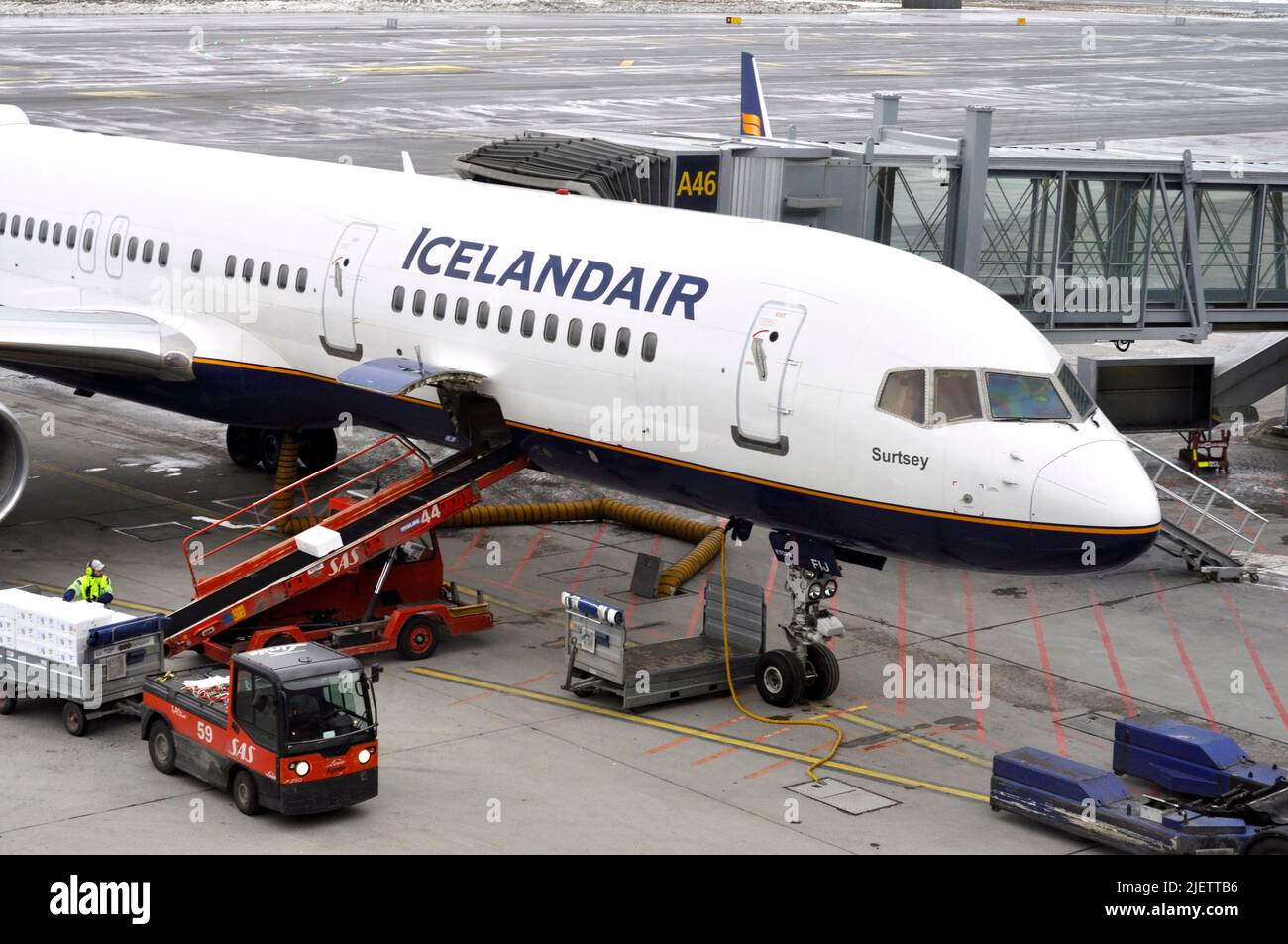 OSLO - DEZ 31: Nahaufnahme von Icelandair Boeing mit Luftfahrtlogo vor dem Flug am Flughafen Oslo Gardermoen, Dezember 31. 2015 in Norwegen Stockfoto