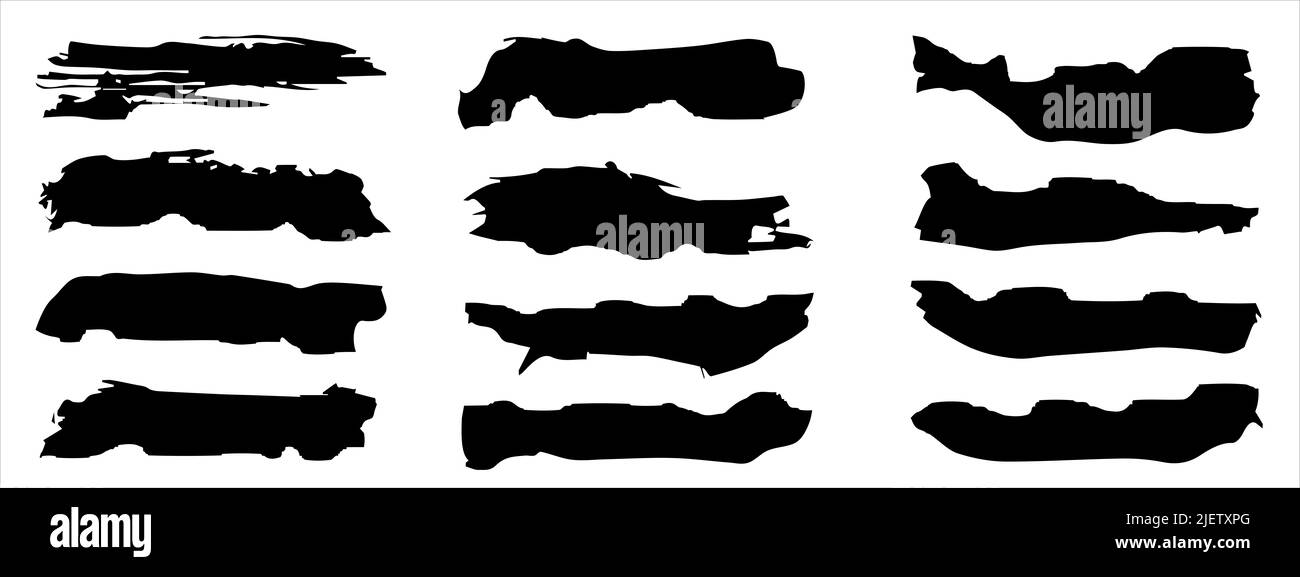 Sammlung von künstlerischen grungy schwarze Farbe von Hand gemacht kreative Pinselstrich auf Hintergrund isoliert gesetzt. Eine Gruppe von abstrakten Grunge-Skizzen für Design Stockfoto