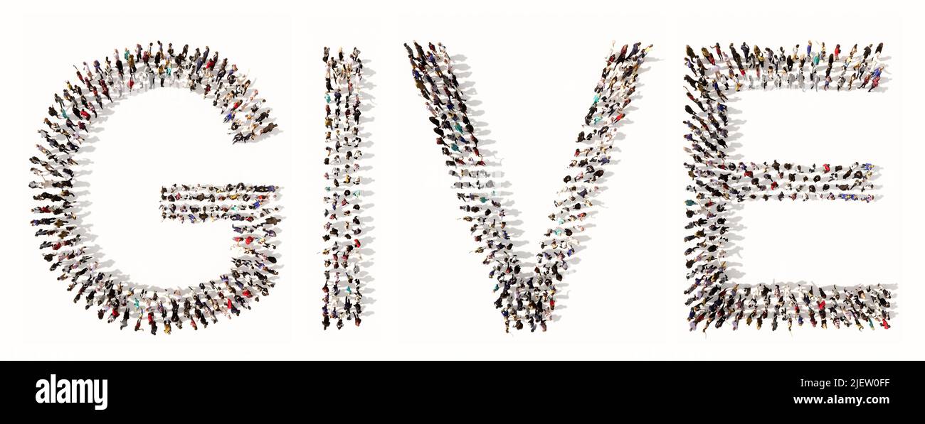 Konzept oder konzeptionelle große Gemeinschaft von Menschen bilden WORT GEBEN. 3D Illustration Metapher für Nächstenliebe, Heklp, Gemeinschaft, Großzügigkeit, Mitgefühl Stockfoto