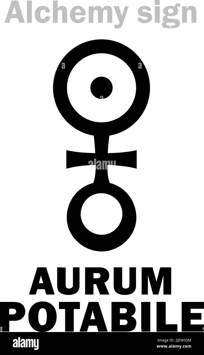 Alchemie-Alphabet: AURUM POTABILE (Panacea Aurea), „Trinkgold“ (trinkbares Gold) – Magisches Getränk, Goldener Trank, Rote Tinktur, die universelle Heilung-alles. Stock Vektor